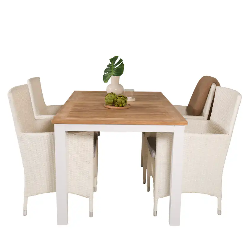 Panama Bord152/210*90-vit/Teak+Malin stol vit/Grå dyna4 Matta Ben