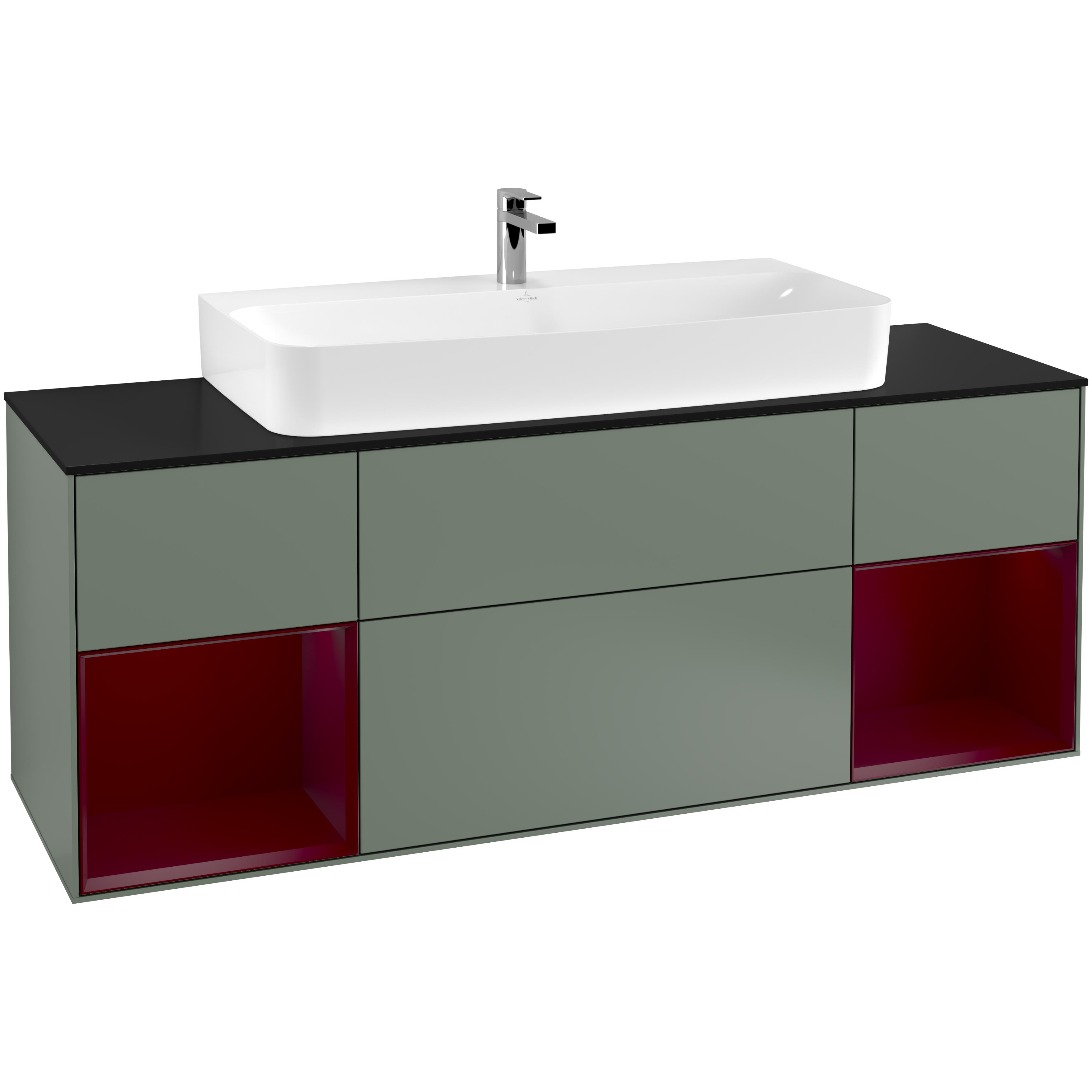 Tvättställsskåp Villeroy & Boch Finion F212HBGM Oliv Mattlack/Pion Mattlack med bänkskiva i Mattsvart glas