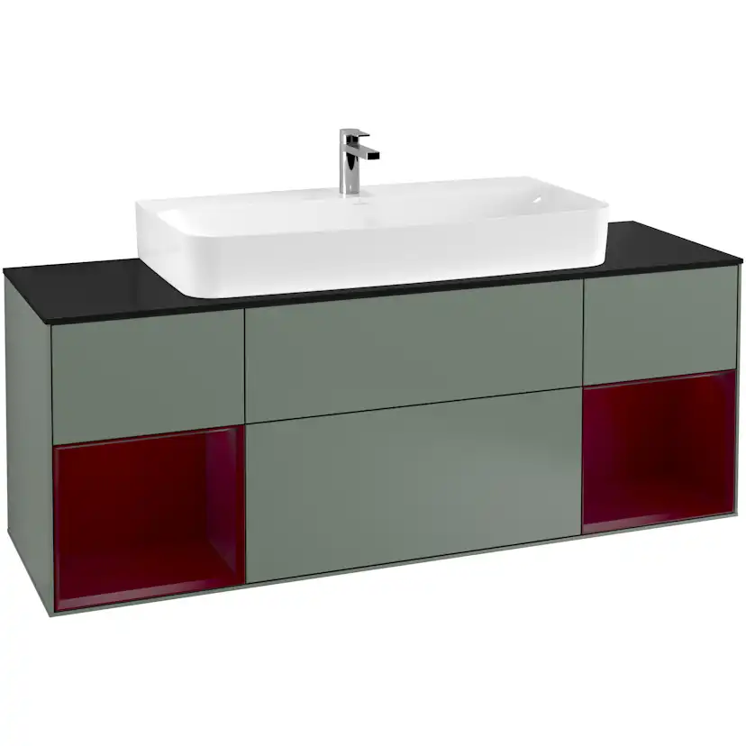 Tvättställsskåp Villeroy & Boch Finion F212HBGM Oliv Mattlack/Pion Mattlack med bänkskiva i Mattsvart glas