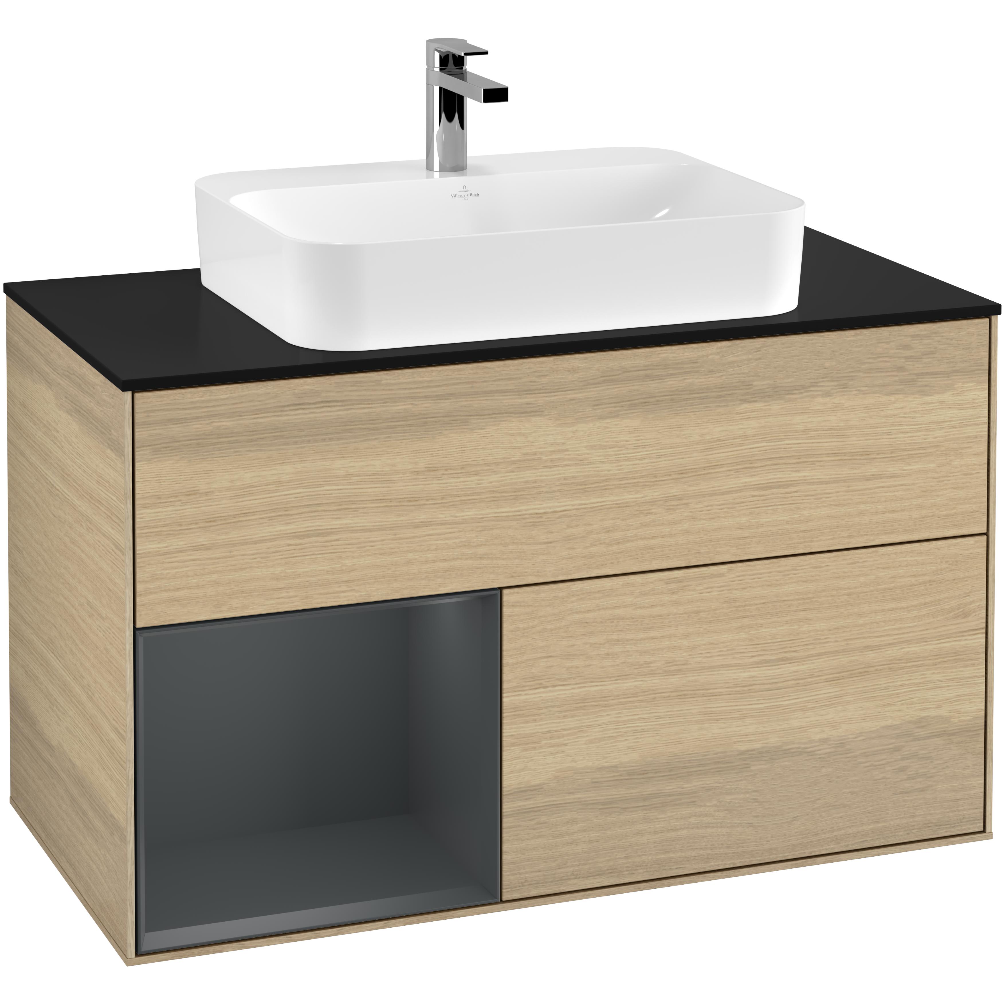 Tvättställsskåp Villeroy & Boch Finion F362HGPC Ekfanér/Midnattsblå Mattlack med bänkskiva i Mattsvart glas, Lucka Vänster