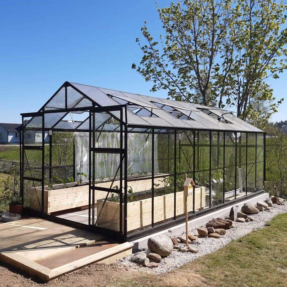 Växthus 14m2, glas, pc-tak, 6 fönster, Svart Svart