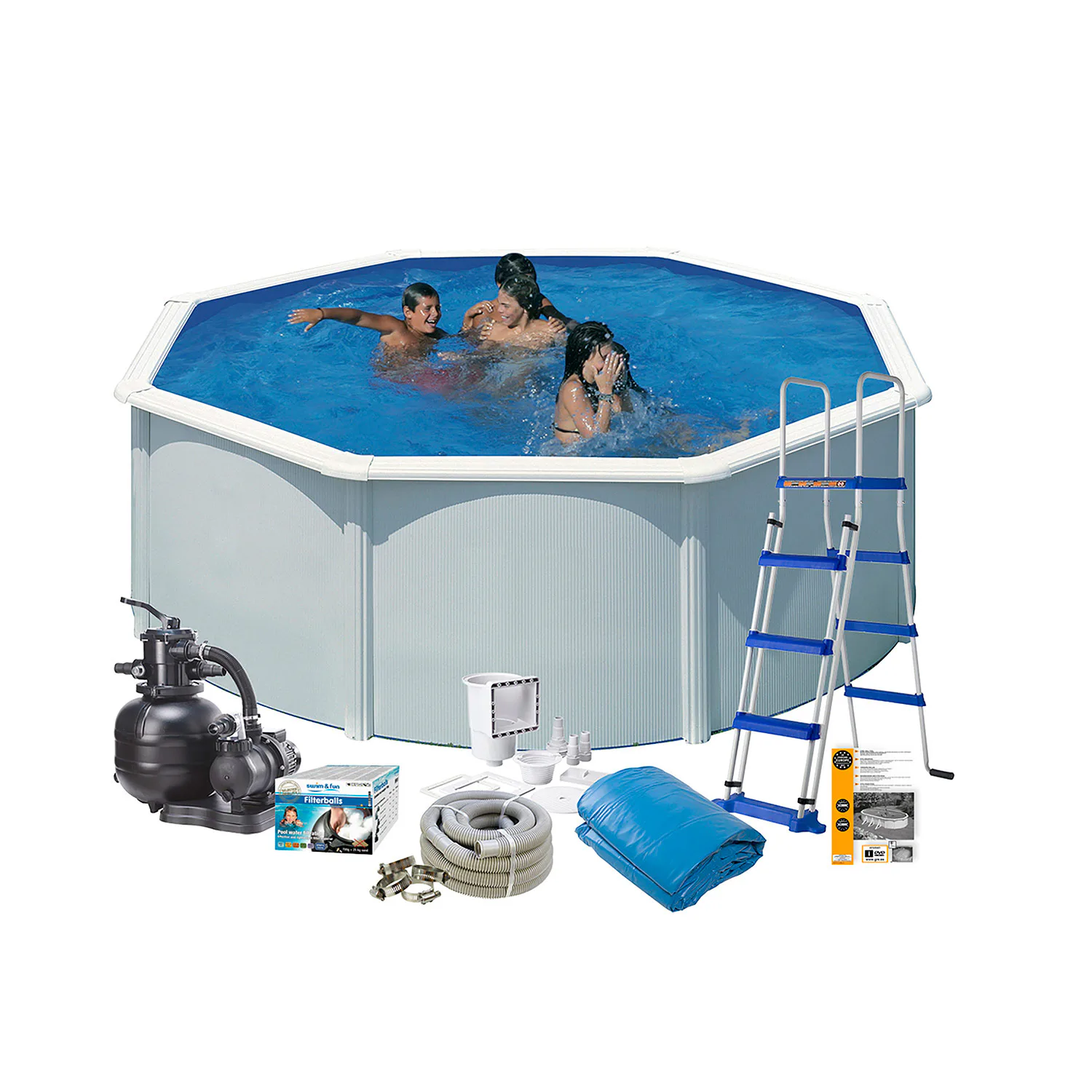 Poolpaket Swim & Fun White Steel Rund Baspaket 120 cm Djup