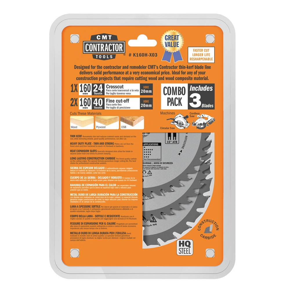 Sågklinga CMT Orange Tools Contractor Set 3 delar 160x20 Z24-40-40 W C
