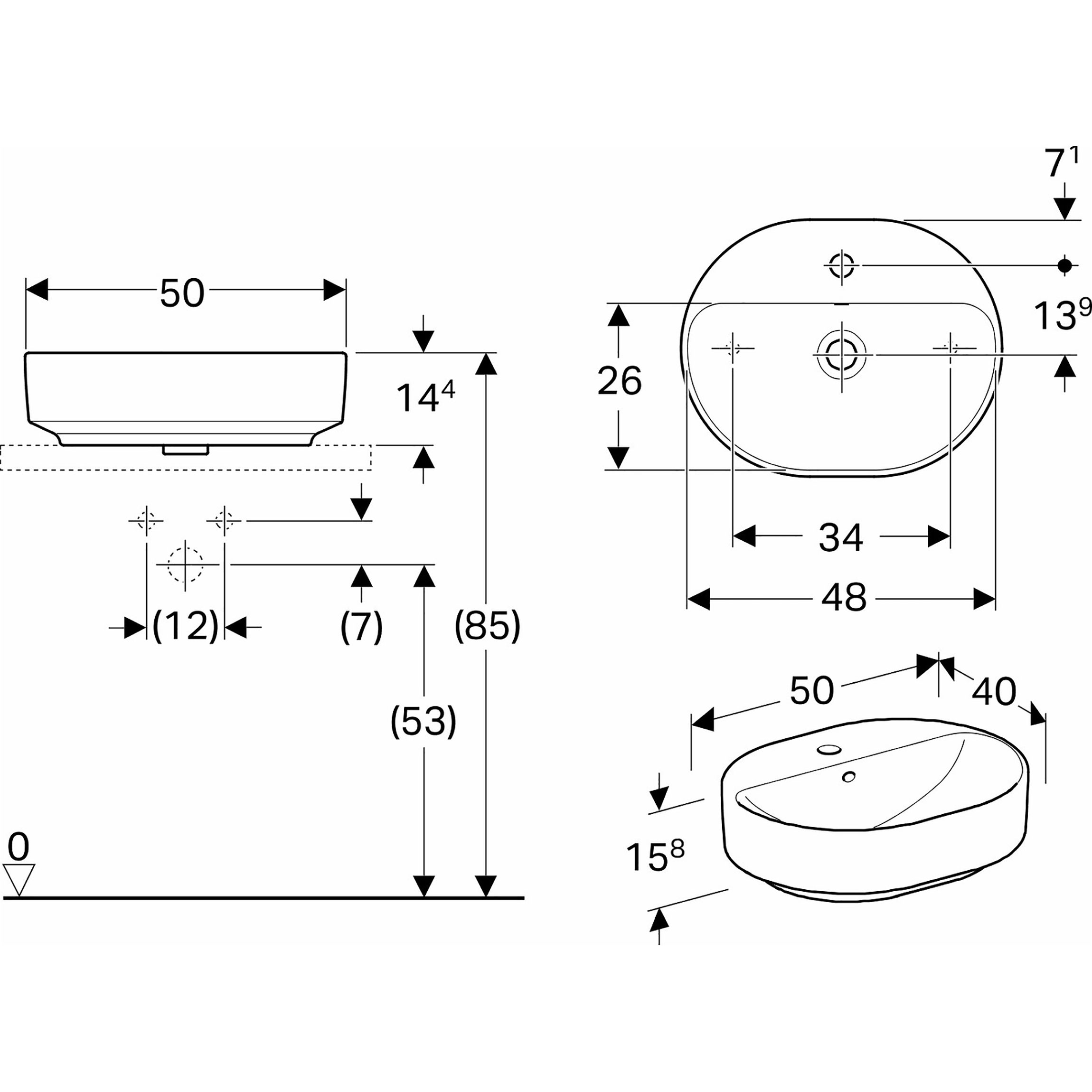 Tvättställ Geberit Variform 500 mm Lay-on Elliptiskt Kanthylla