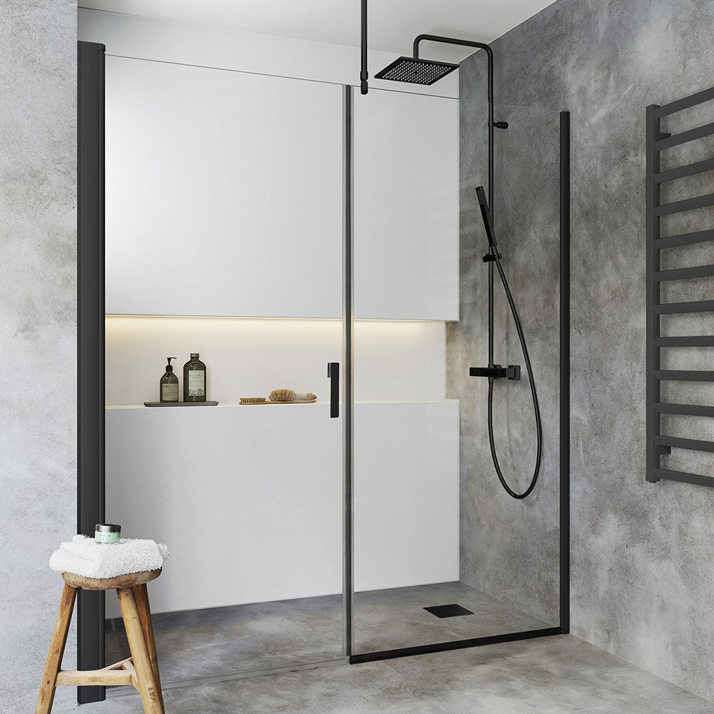 DUSCHVÄGG IGLOO PRO Niche 1690-1765 DÖRR 70 +  VÄGG 100 KLAR Glas: Klarglas, Profil: Svart, Rak Dörr 685 + Fast Vägg 985, Bredd nisch: 1720-1750