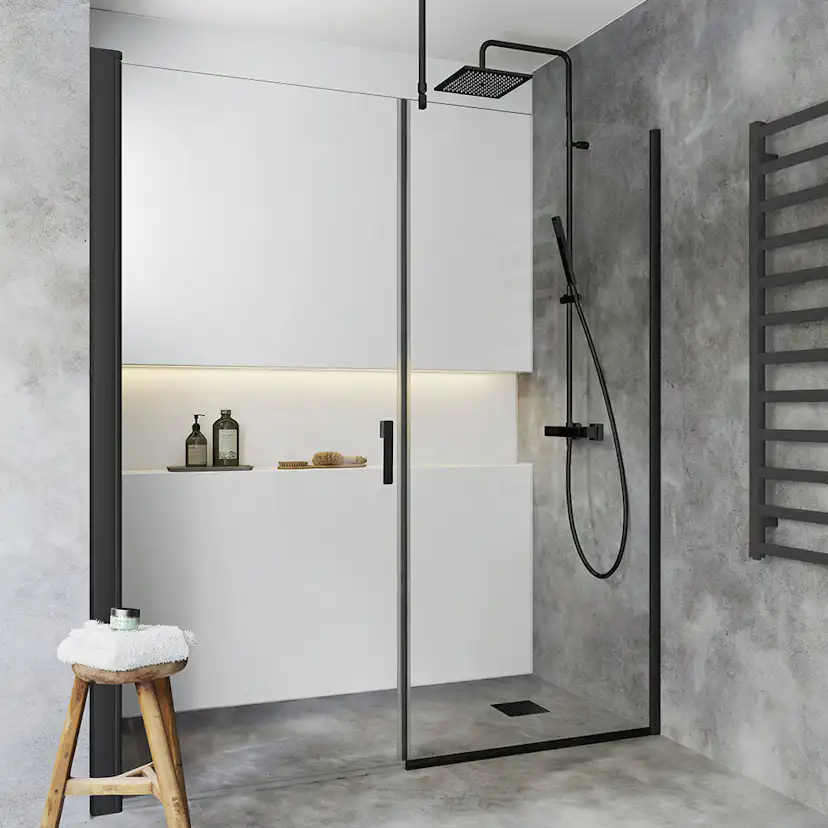 DUSCHVÄGG IGLOO PRO Niche 1690-1765 DÖRR 70 + VÄGG 100 KLAR Glas: Klarglas, Profil: Svart, Rak Dörr 685 + Fast Vägg 985, Bredd nisch: 1720-1750