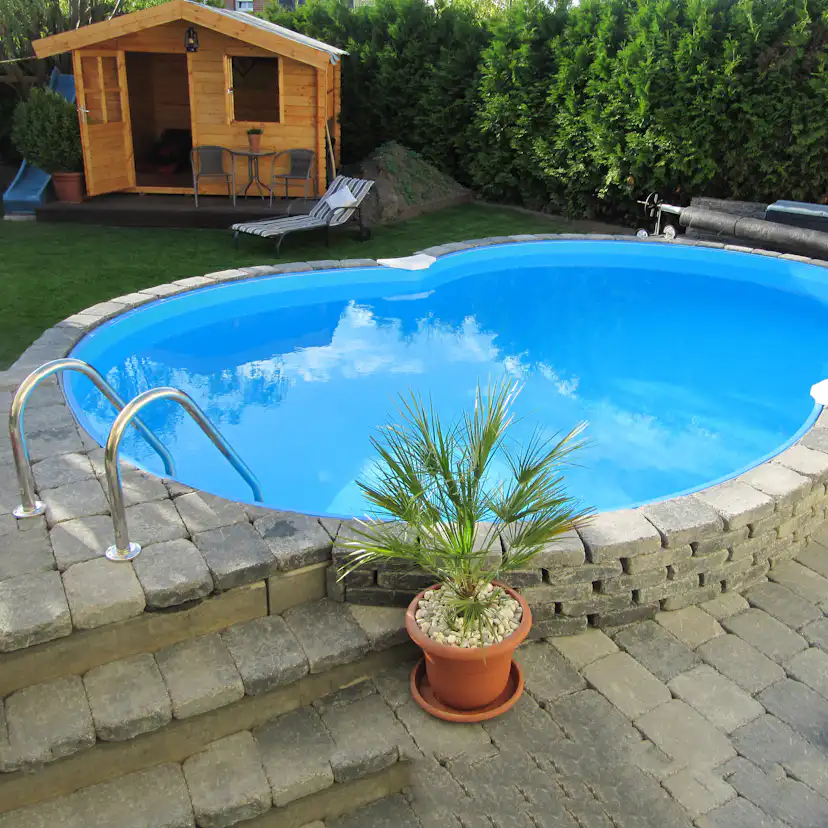 Stålväggspool Premium, åttaform, 7,25x4,6x1,5m, inbyggd, L:B Blå