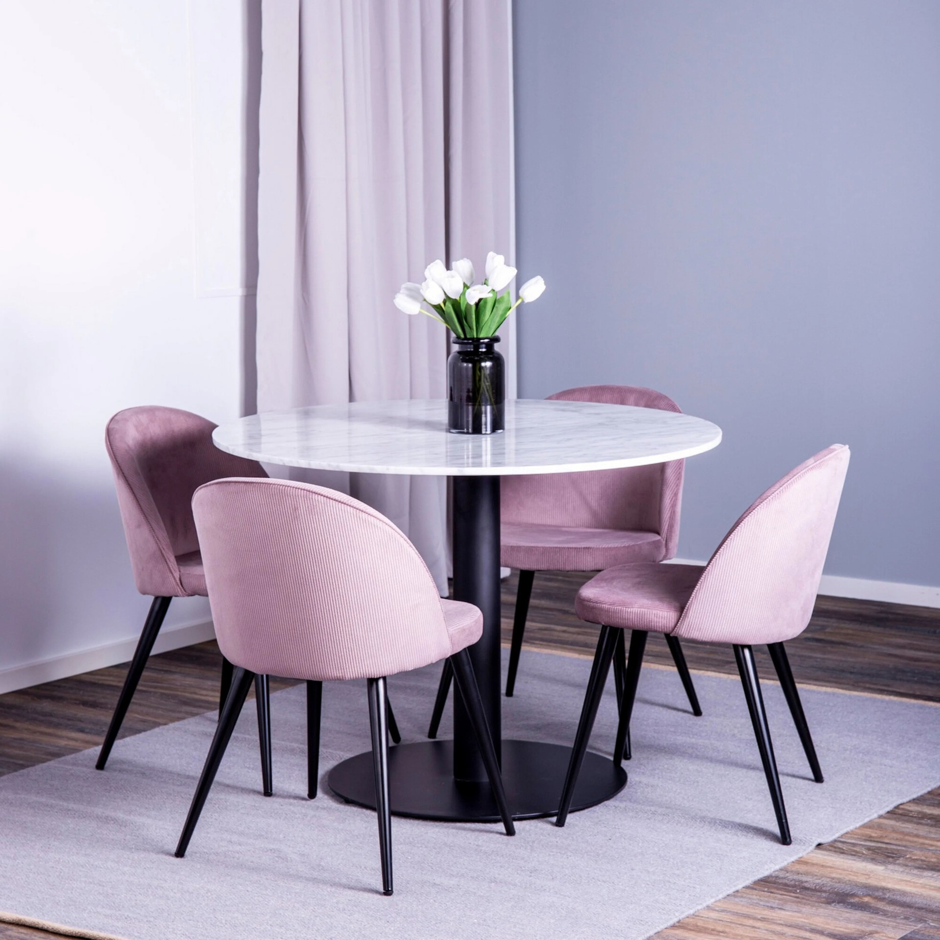 Estelle table Black ø106+Velvet Corduroy Black/Dusty pink4 Vit/Rosa