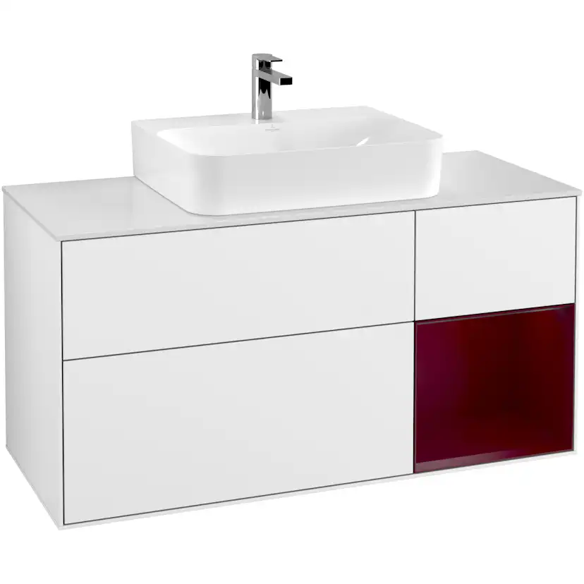 Tvättställsskåp Villeroy & Boch Finion F171HBGF Vit Högblank/Pion Mattlack med bänkskiva i Mattvitt glas, Lucka Höger