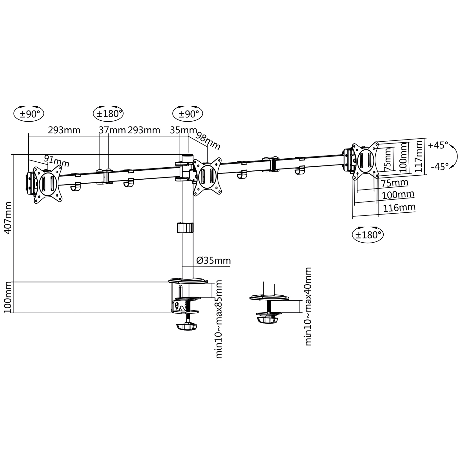 Monitorarm LogiLink Trippel 17-27 tum 2x658 mm