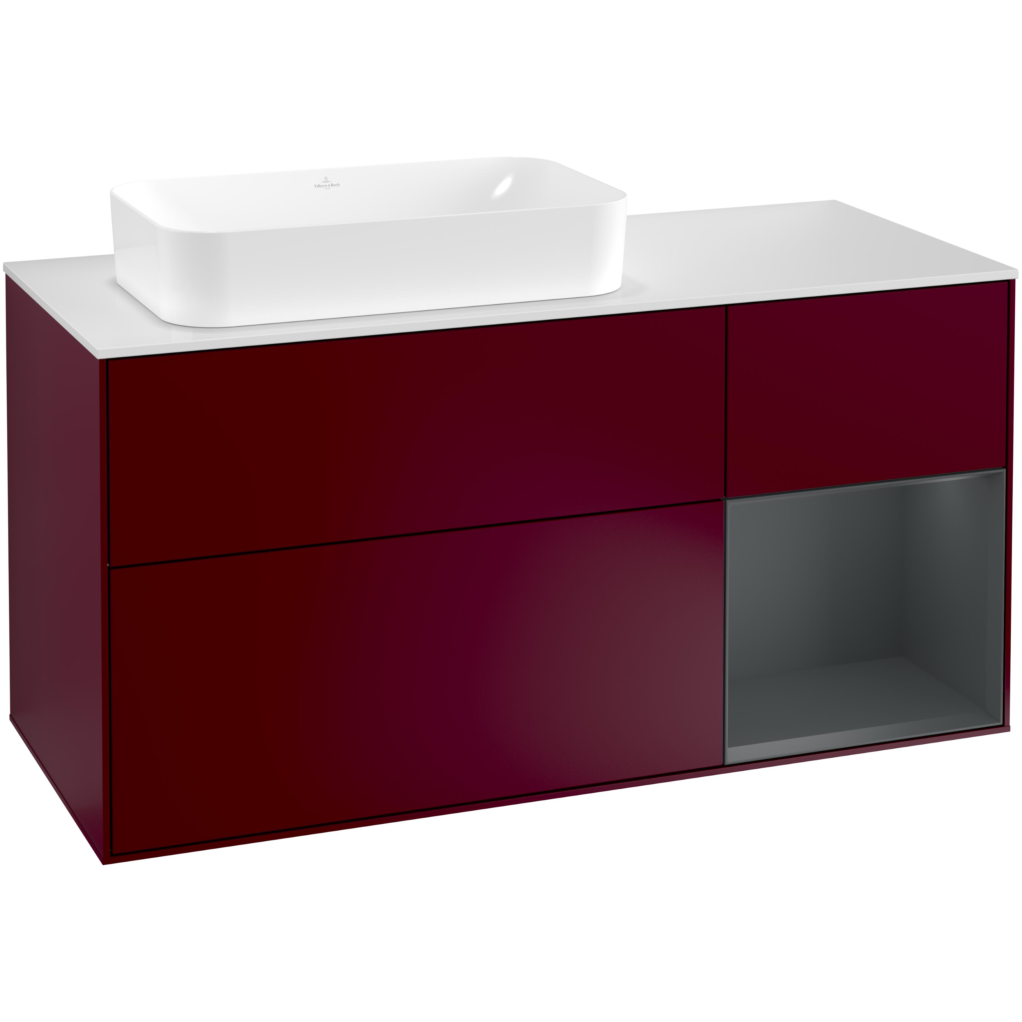 Tvättställsskåp Villeroy & Boch Finion G281HGHB Pion Mattlack/Midnattsblå Mattlack med bänkskiva i Mattvitt glas med Väggbelysning, Lucka Höger med Blandarhål