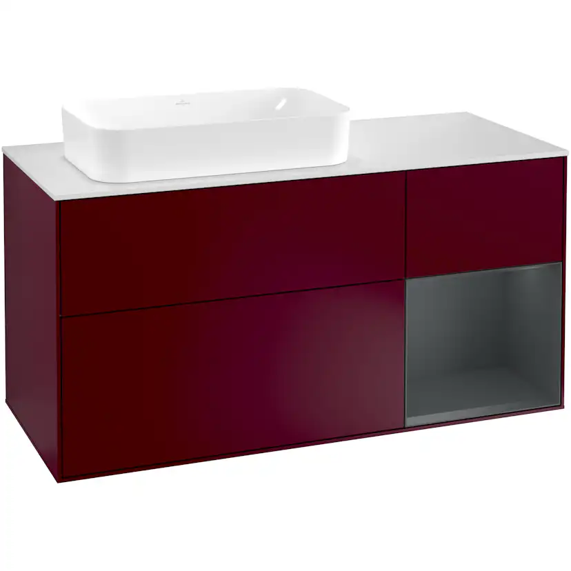 Tvättställsskåp Villeroy & Boch Finion G281HGHB Pion Mattlack/Midnattsblå Mattlack med bänkskiva i Mattvitt glas med Väggbelysning, Lucka Höger med Blandarhål