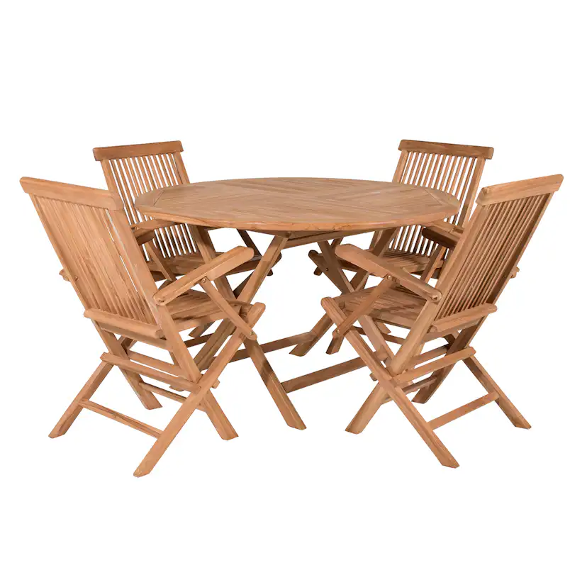 Matgrupp Venture Home Kenya Ø120 cm Teak med 4 Kenya Fällbara Stolar med Armstöd