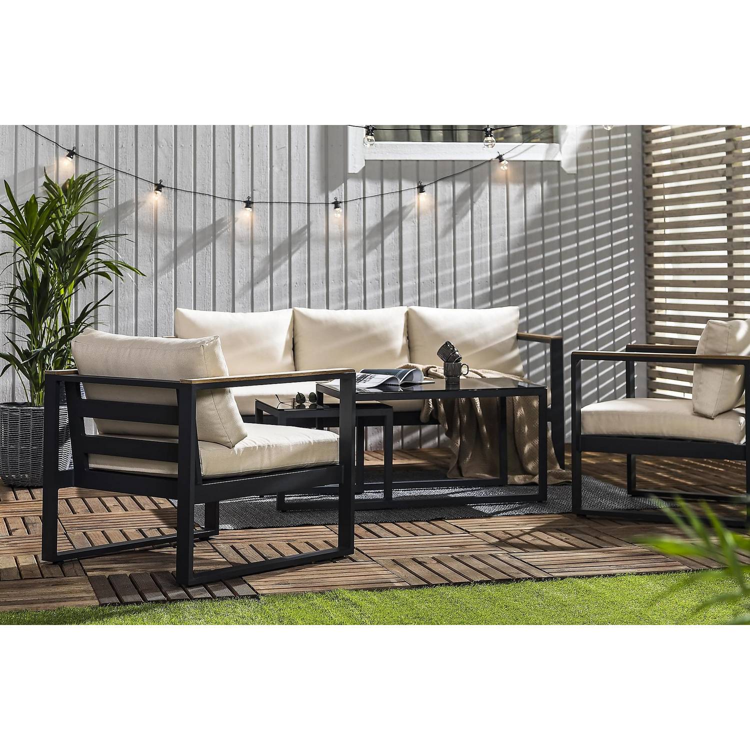 Loungegrupp deNoord Aspvik Soffgrupp Svart med Beige dynor