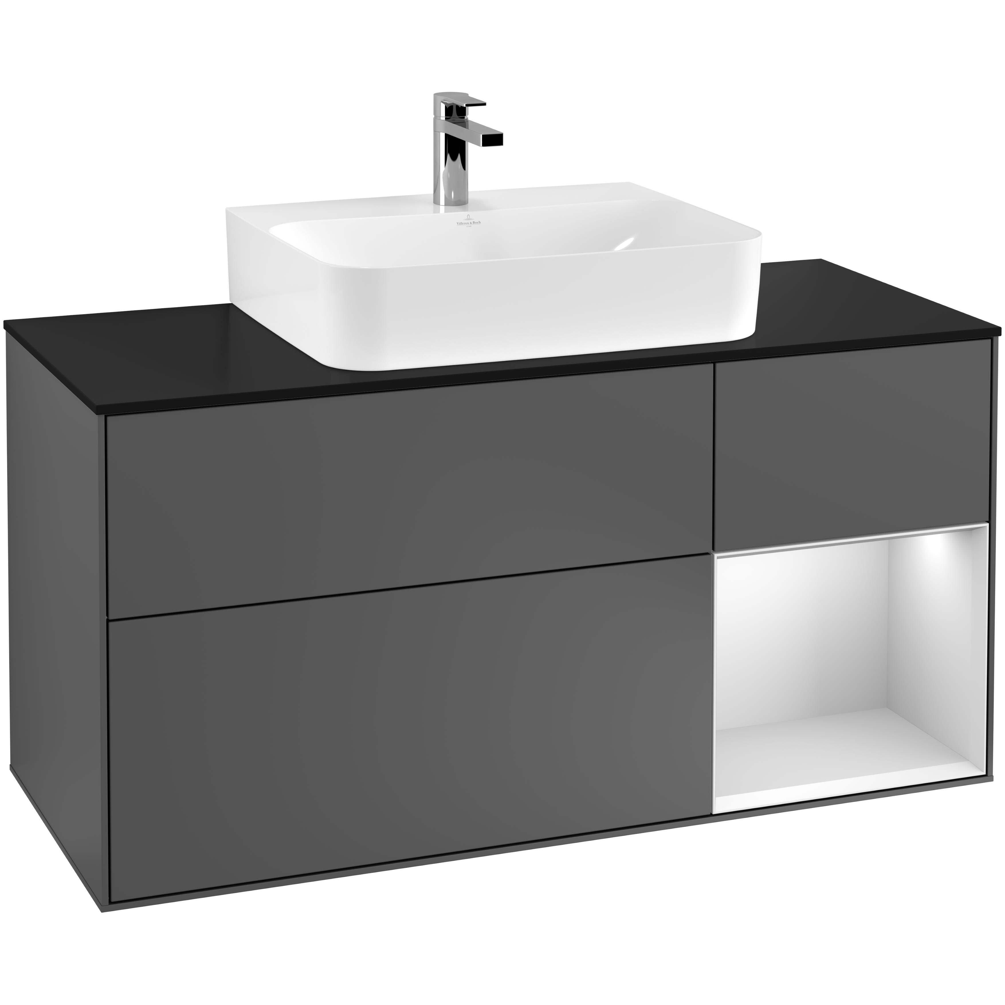 Tvättställsskåp Villeroy & Boch Finion F172MTGK Antracitgrå Mattlack/Vit Mattlack med bänkskiva i Mattsvart glas, Lucka Höger