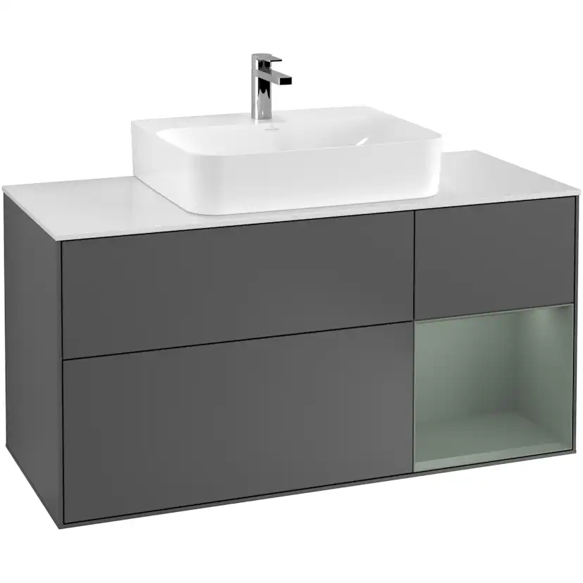 Tvättställsskåp Villeroy & Boch Finion G171GMGK Antracitgrå Mattlack/Oliv Mattlack med bänkskiva i Mattvitt glas med Väggbelysning, Lucka Höger