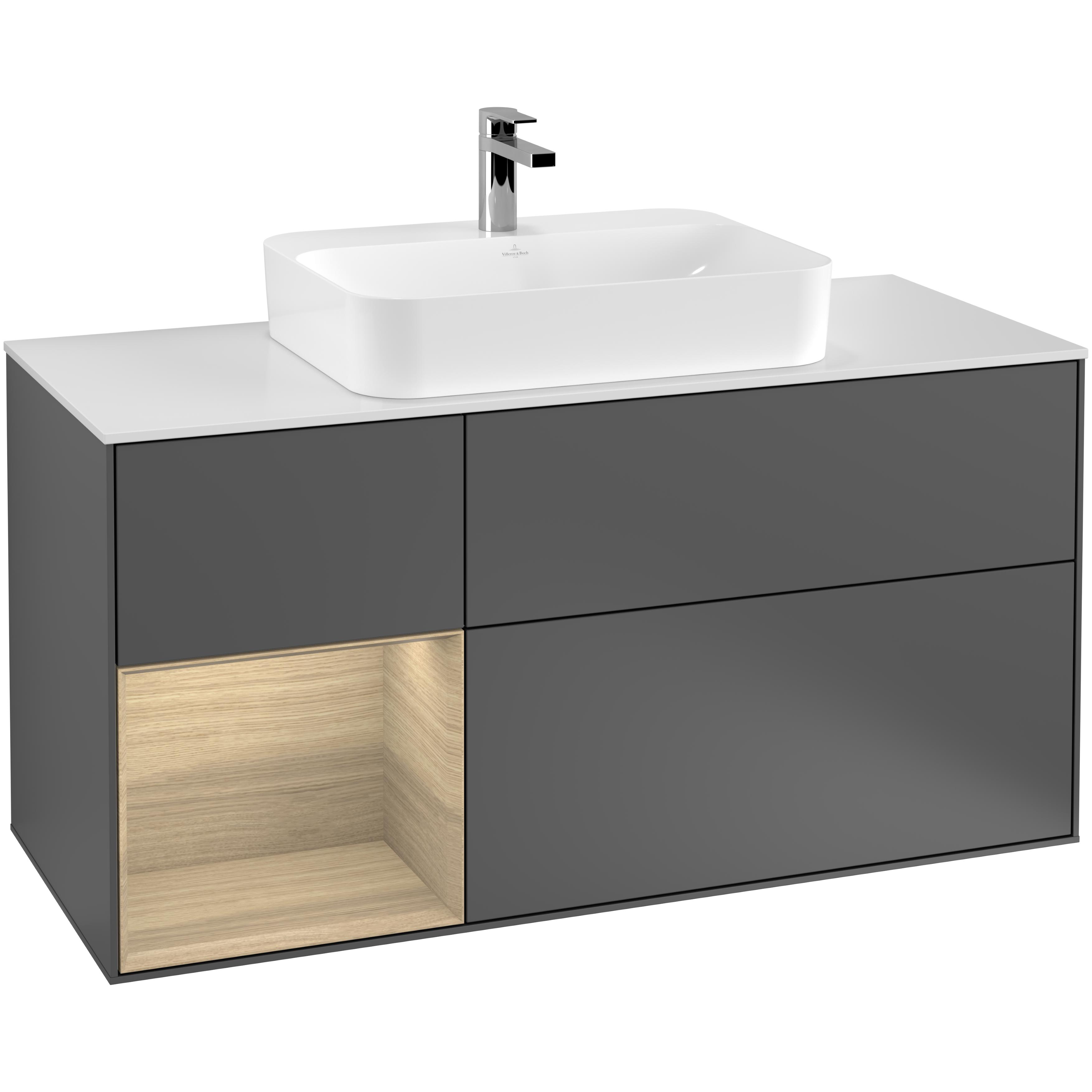 Tvättställsskåp Villeroy & Boch Finion G411PCGK Antracitgrå Mattlack/Ekfanér med bänkskiva i Mattvitt glas med Väggbelysning, Lucka Vänster