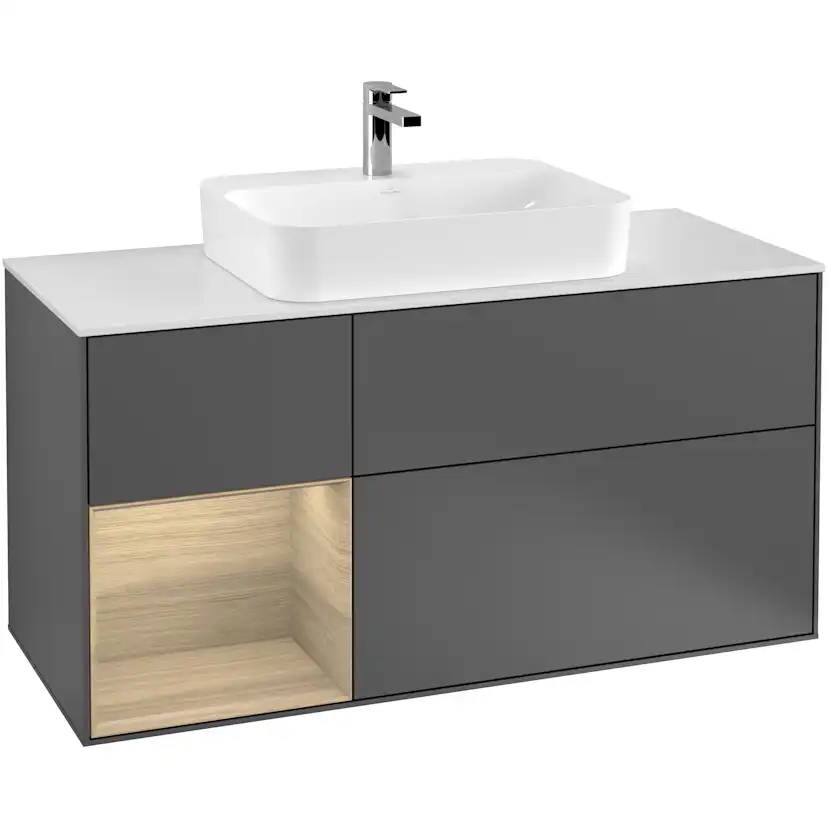 Tvättställsskåp Villeroy & Boch Finion G411PCGK Antracitgrå Mattlack/Ekfanér med bänkskiva i Mattvitt glas med Väggbelysning, Lucka Vänster