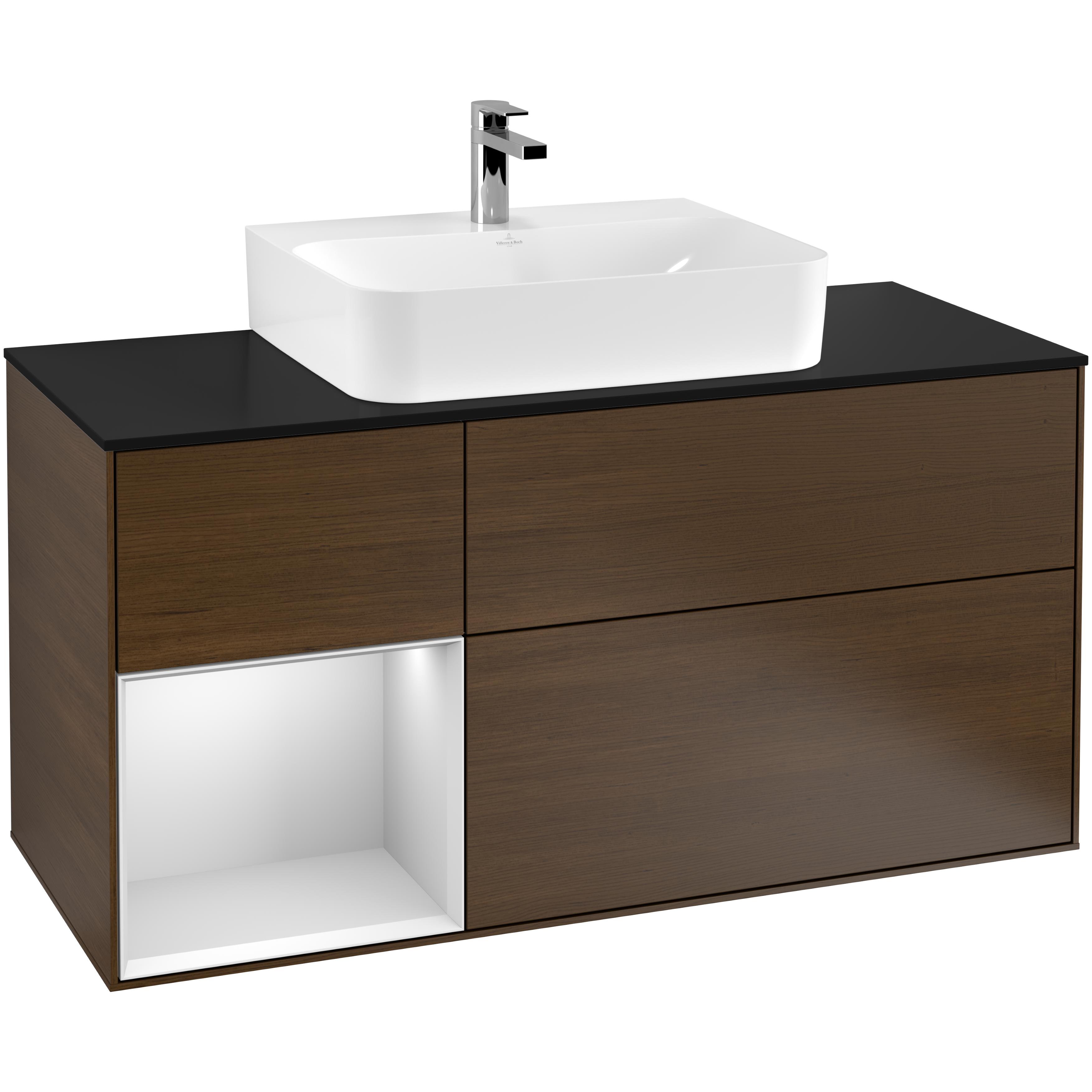 Tvättställsskåp Villeroy & Boch Finion F162MTGN Valnötsfanér/Vit Mattlack med bänkskiva i Mattsvart glas, Lucka Vänster