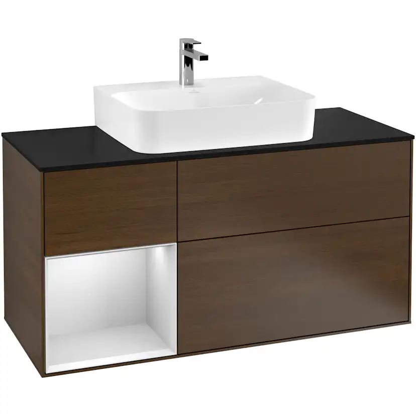Tvättställsskåp Villeroy & Boch Finion F162MTGN Valnötsfanér/Vit Mattlack med bänkskiva i Mattsvart glas, Lucka Vänster