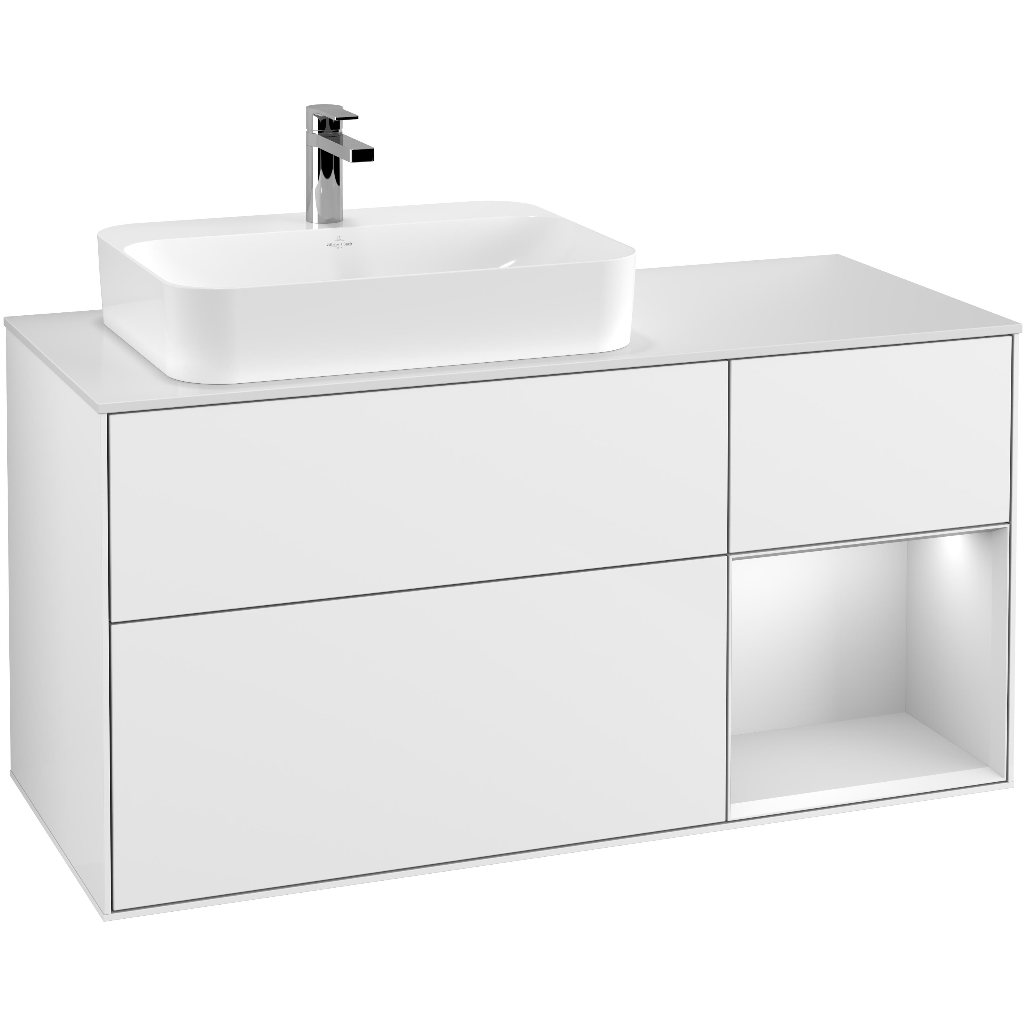 Tvättställsskåp Villeroy & Boch Finion G401MTGF Vit Högblank/Vit Mattlack med bänkskiva i Mattvitt glas med Väggbelysning, Lucka Höger