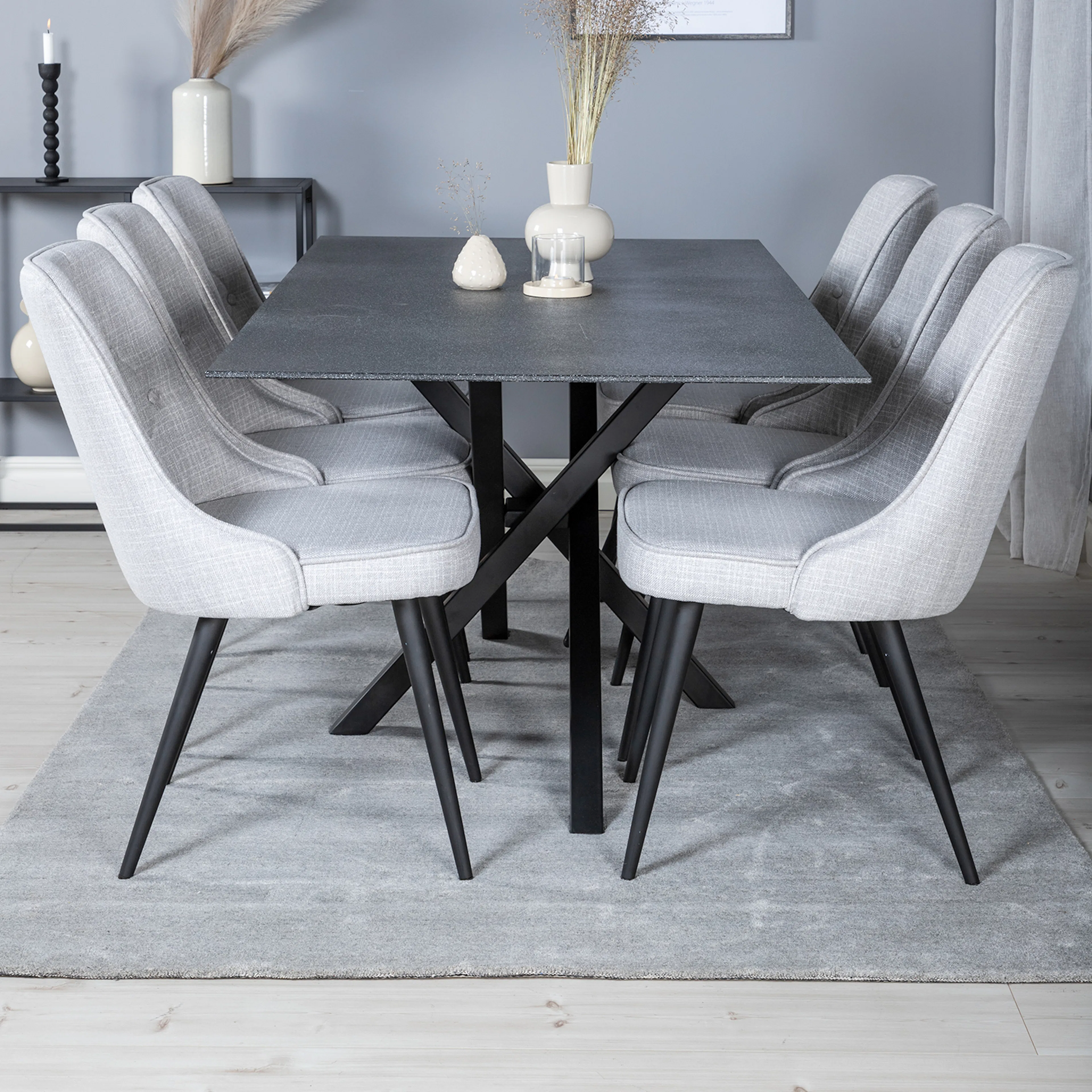 Piazza Dining Table 180x90 cm+Velvet Deluxe Dining Chair Grå/Svart/Ljusgrå