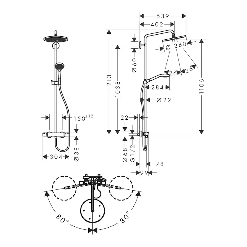 Takduschset Hansgrohe Croma Select S 280 Air 1jet Showerpipe 150 cc