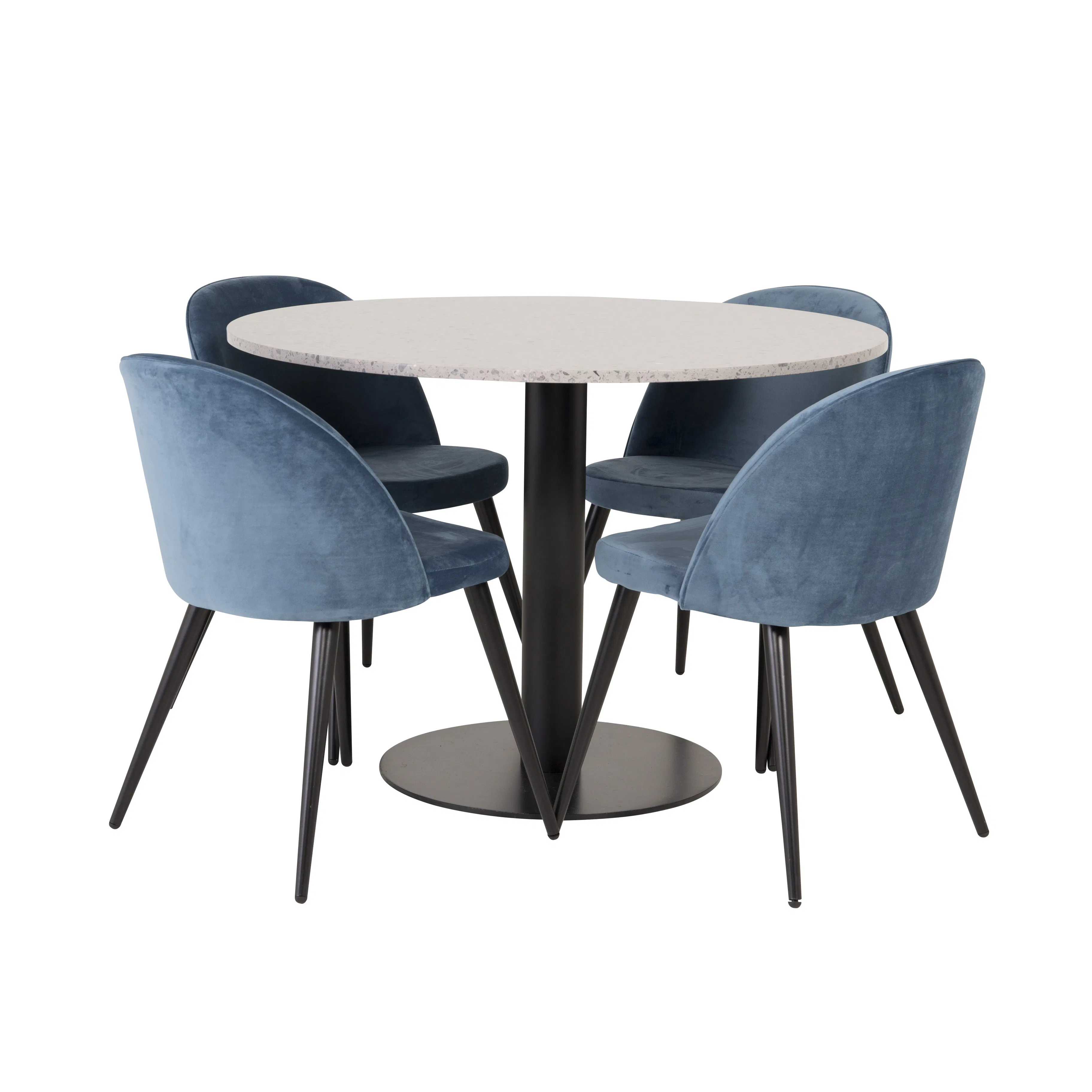RazziaBord106cm-GråTerazzo/Black+Stol-Svart/BlåSammet4 Grå Bord med Svarta Ben, Blå Stol med Svarta Ben