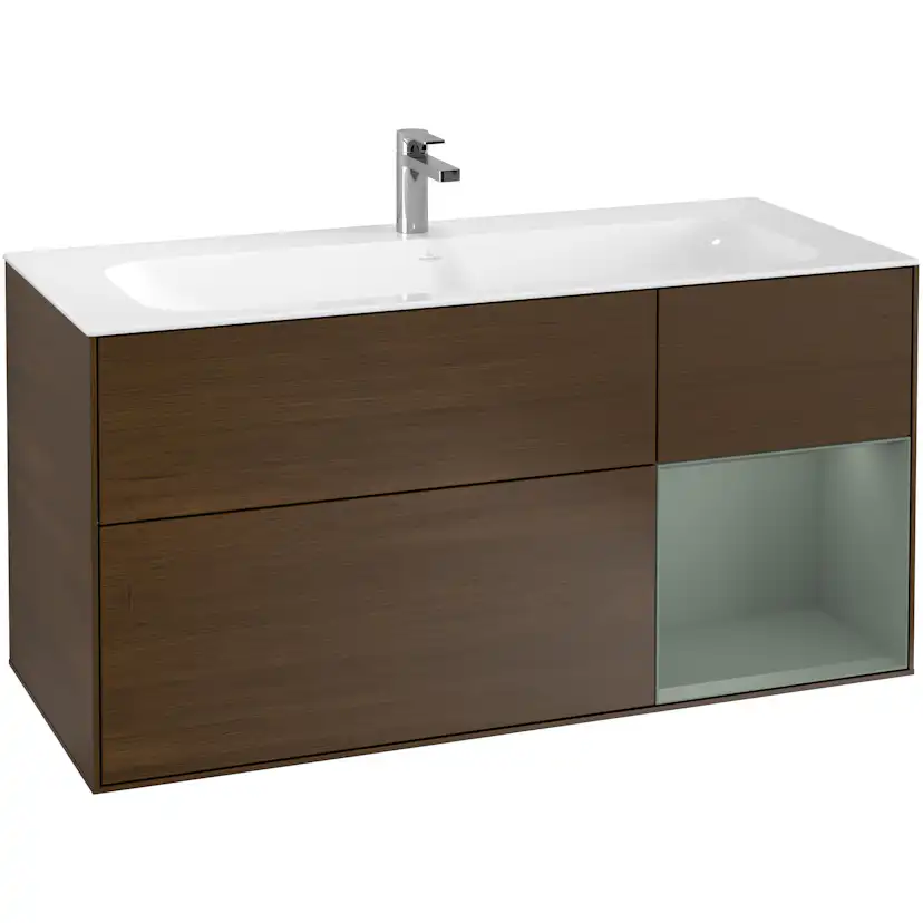 Tvättställsskåp Villeroy & Boch Finion F070GMGN Valnötsfanér/Oliv Mattlack, Lucka Höger