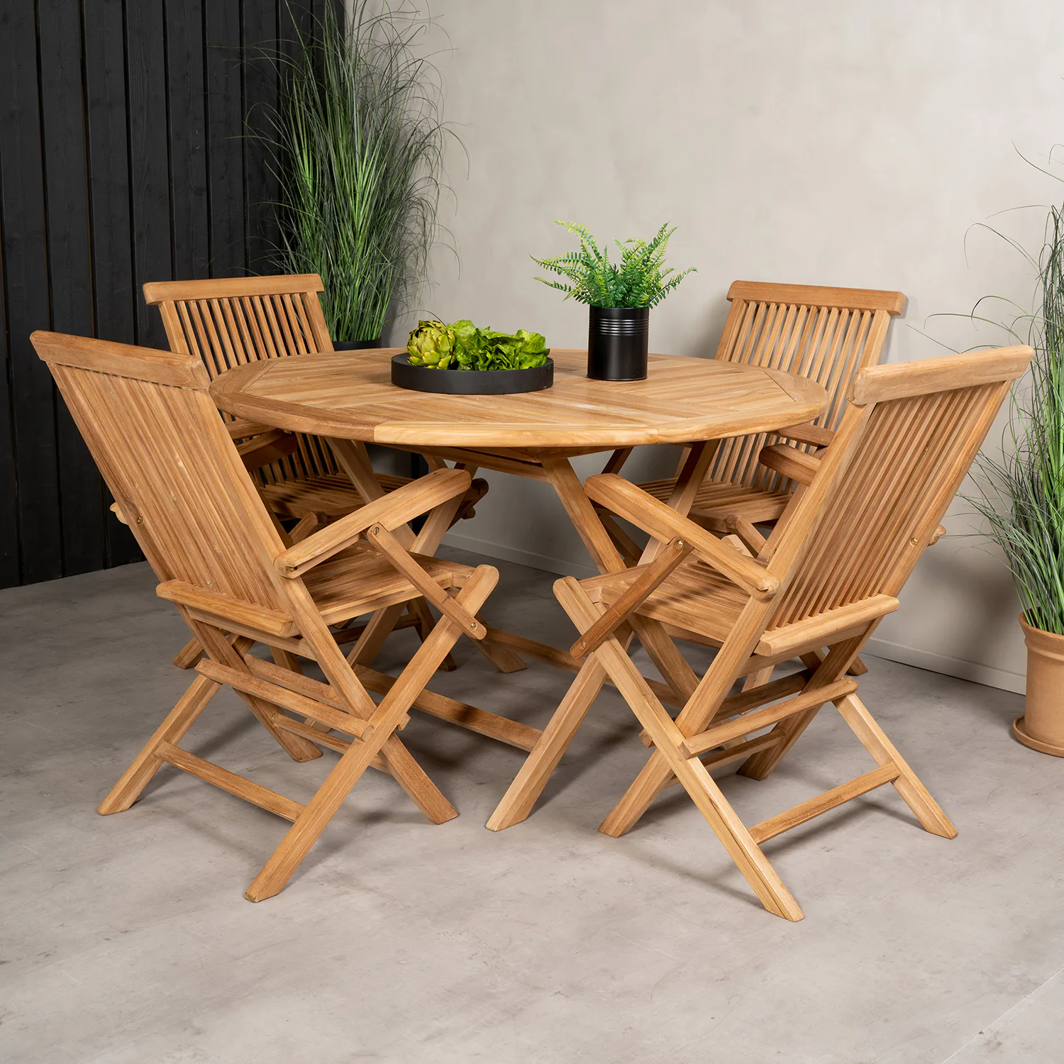 Matgrupp Venture Home Kenya Ø120 cm Teak med 4 Kenya Fällbara Stolar med Armstöd