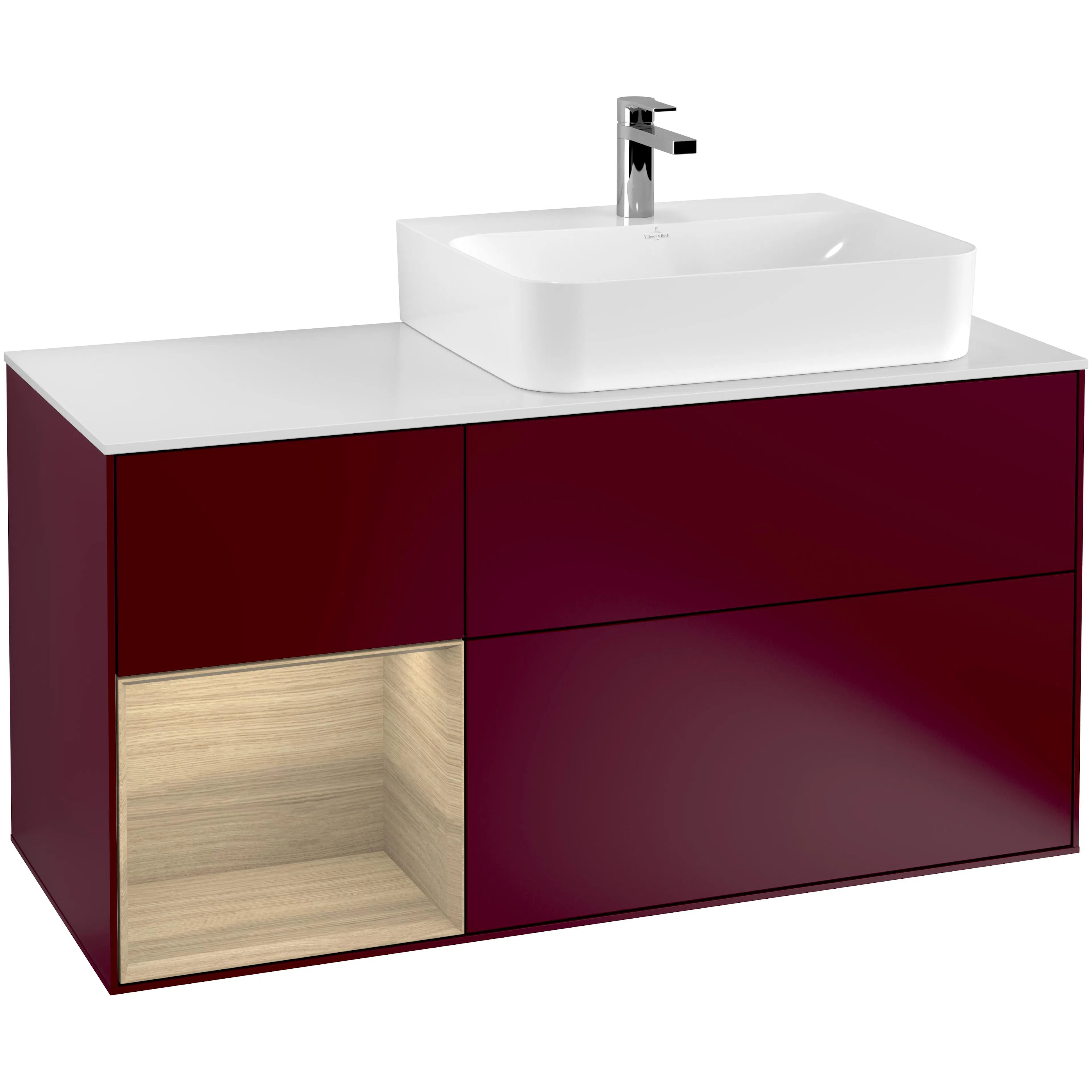 Tvättställsskåp Villeroy & Boch Finion G141PCHB Pion Mattlack/Ekfanér med bänkskiva i Mattvitt glas med Väggbelysning, Lucka Vänster