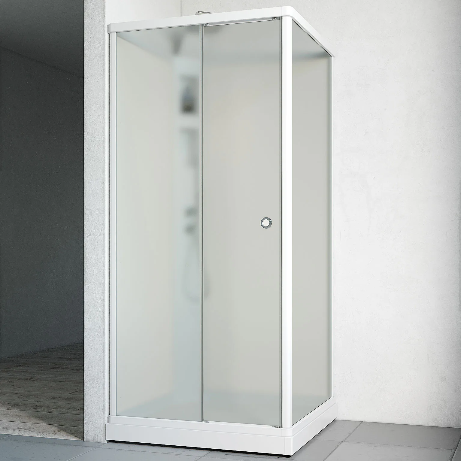 Duschkabin Macro Design Flow Front med Infälld Blandare, 910x910 mm, Vit Profil, Ice/Vit bakvägg