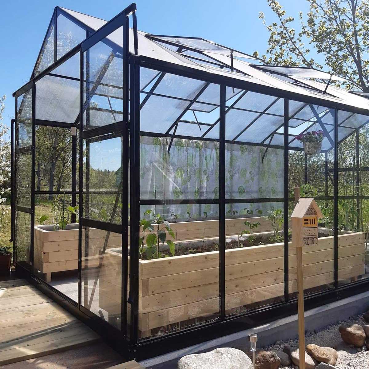 Växthus 14m2, glas, pc-tak, 6 fönster, Svart Svart