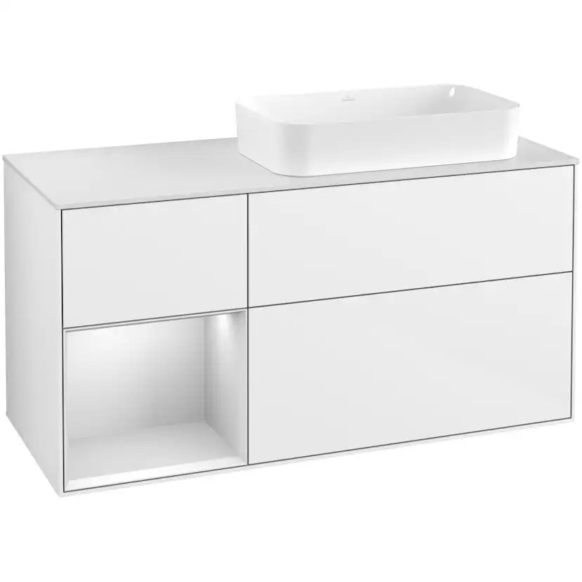 Tvättställsskåp Villeroy & Boch Finion G681MTGF Vit Högblank/Vit Mattlack med bänkskiva i Mattvitt glas med Väggbelysning, Lucka Vänster utan Blandarhål