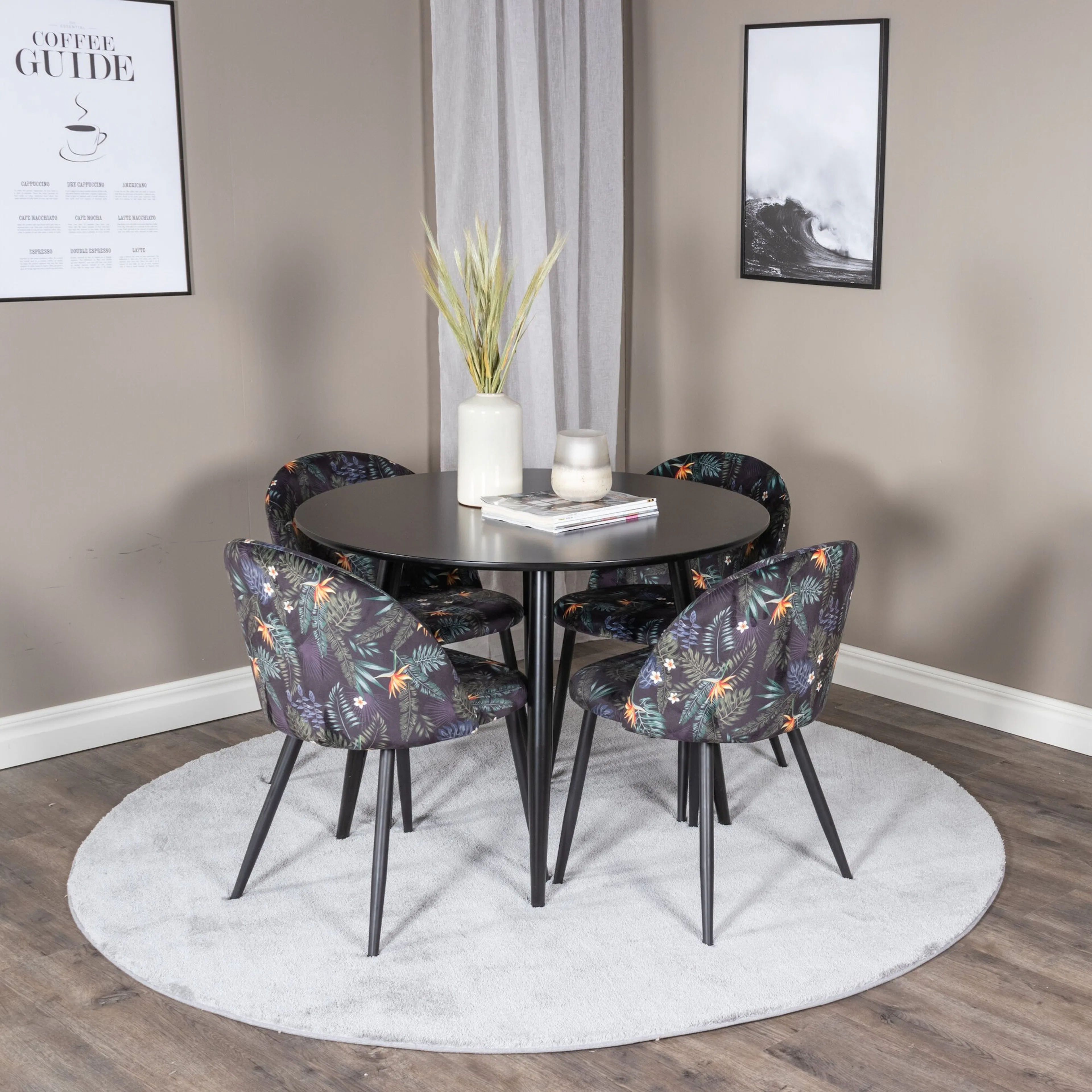 Plaza Runt Matbord - Svart / Svart - ø100*H75 +Velvet Dining Svart/Blommönstrad