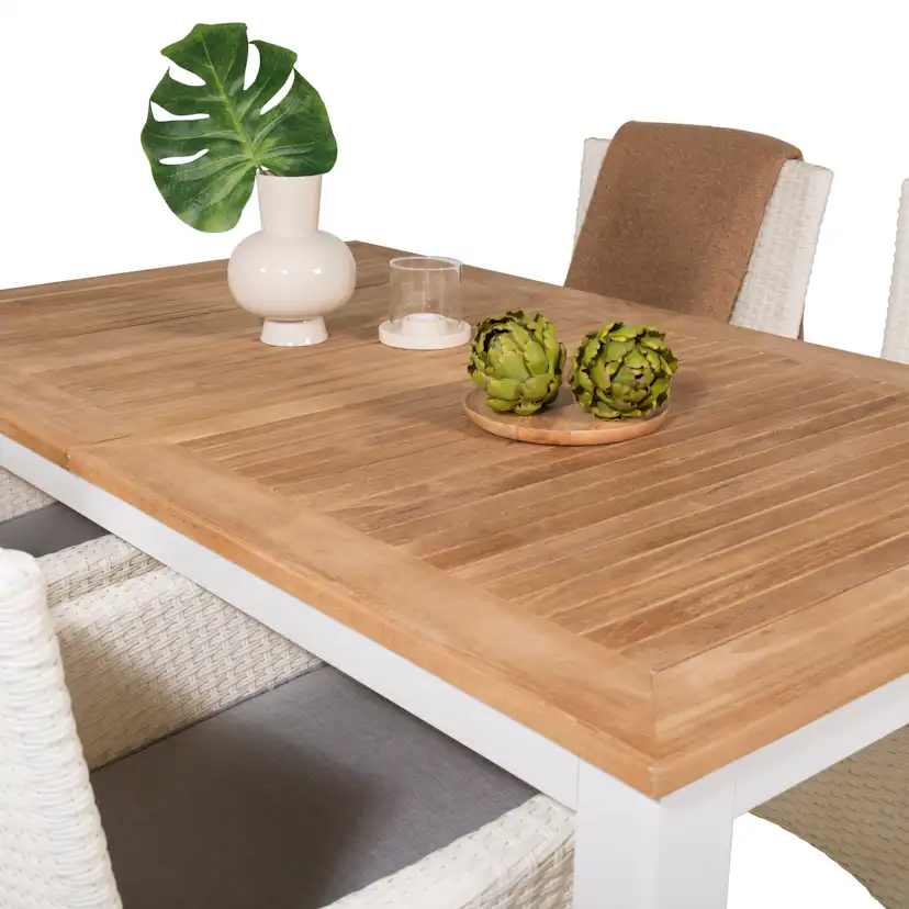 Panama Bord152/210*90-vit/Teak+Malin stol vit/Grå dyna4 Matta Ben