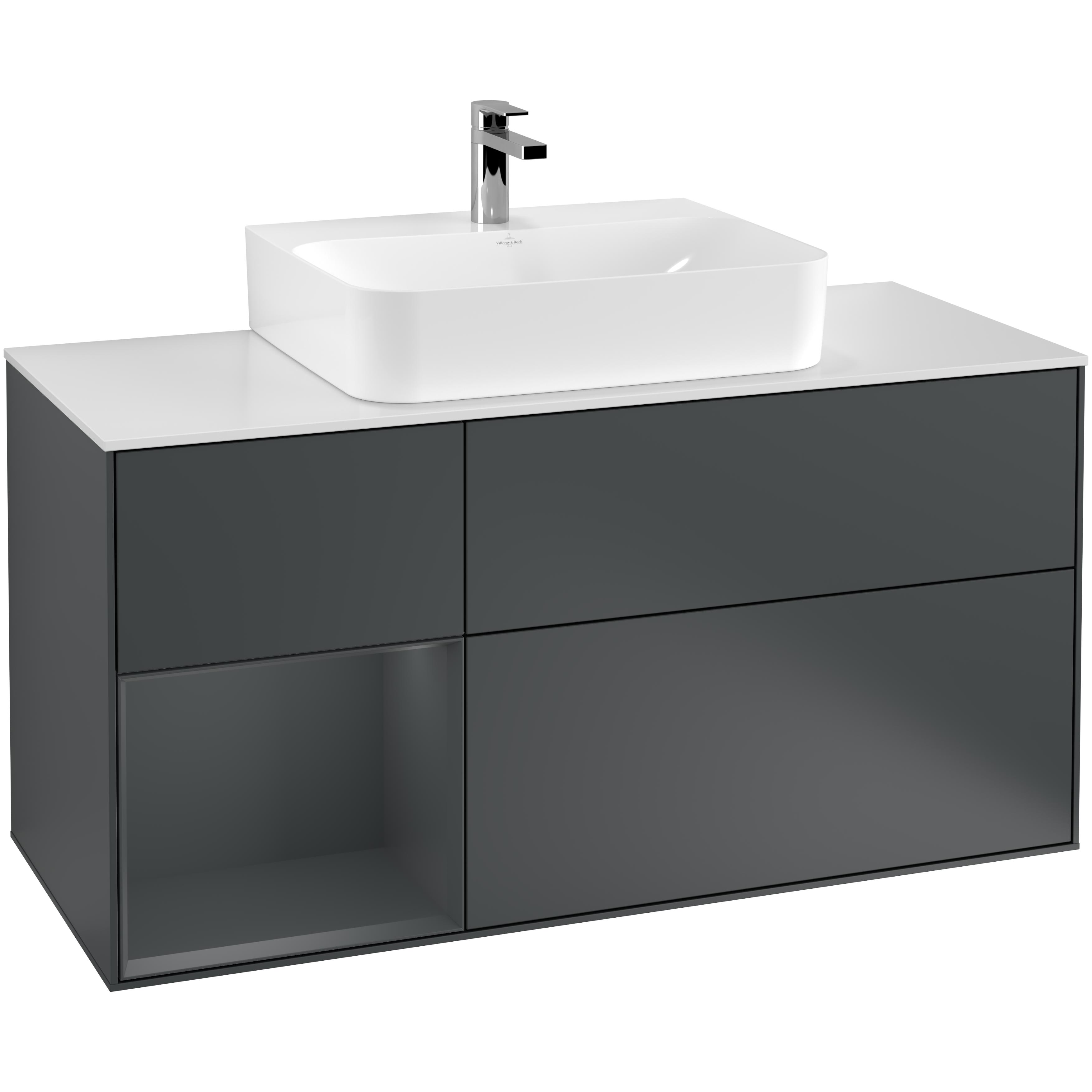 Tvättställsskåp Villeroy & Boch Finion F161HGHG Midnattsblå Mattlack/Midnattsblå Mattlack med bänkskiva i Mattvitt glas, Lucka Vänster