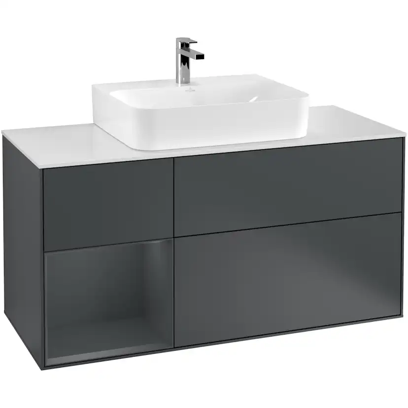 Tvättställsskåp Villeroy & Boch Finion F161HGHG Midnattsblå Mattlack/Midnattsblå Mattlack med bänkskiva i Mattvitt glas, Lucka Vänster