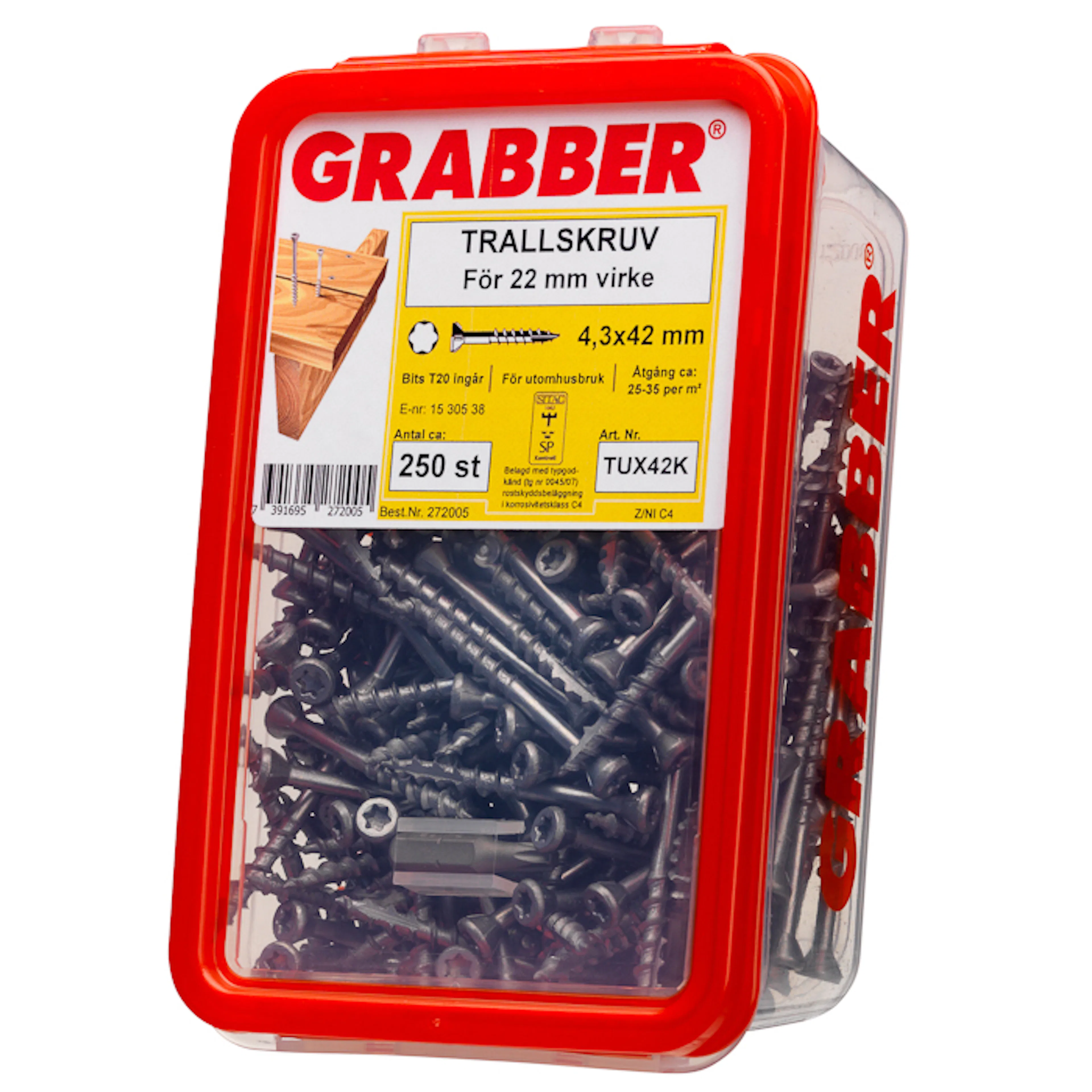 TRALLSKRUV 4,3 X 42 C4 250 ST Trallskruv Grabber TUX C4, 4,3 X 42