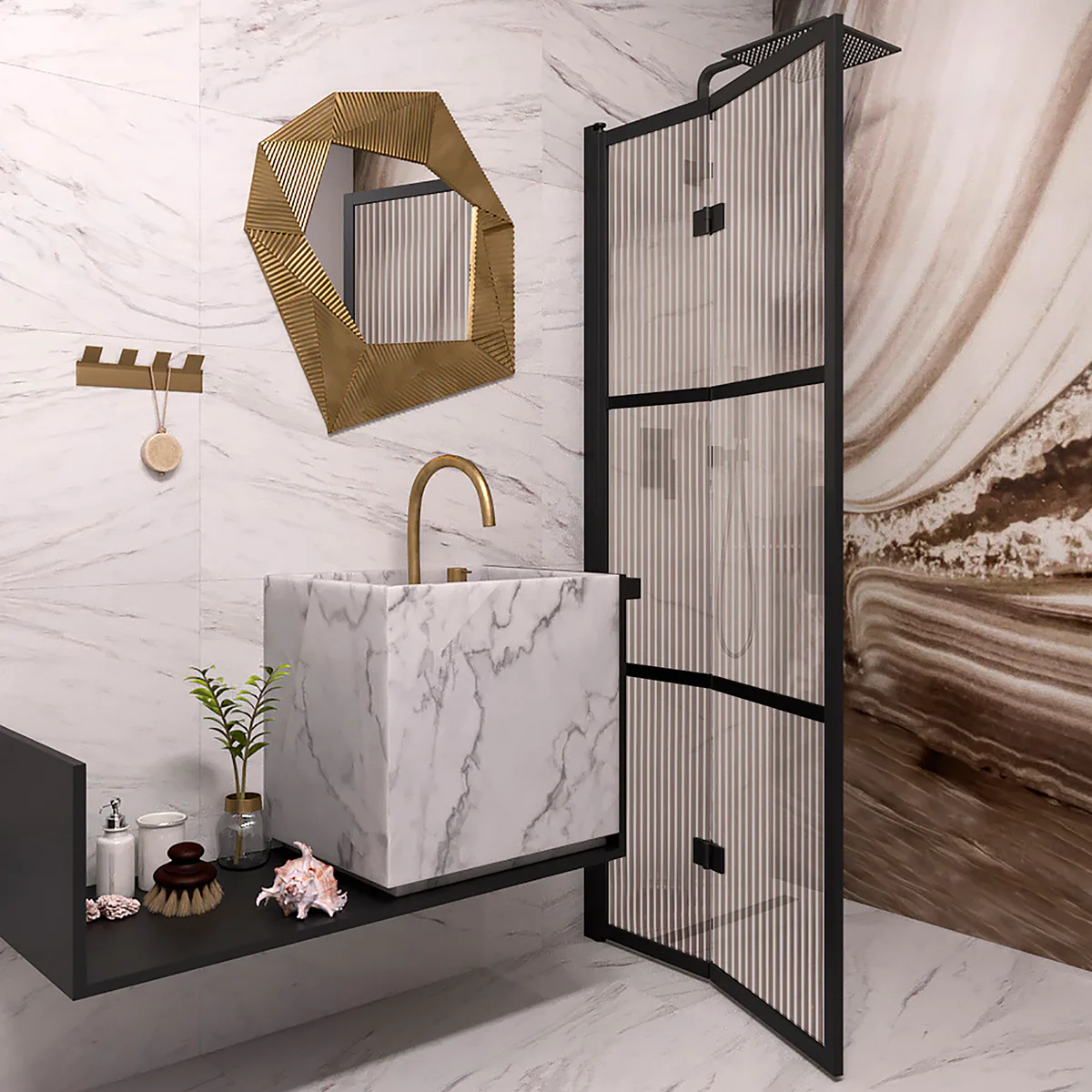 Bläk 882 Tokyo vikbar duschvägg svart/reed 780 780x1950 mm, Reeded, Svarta Profiler
