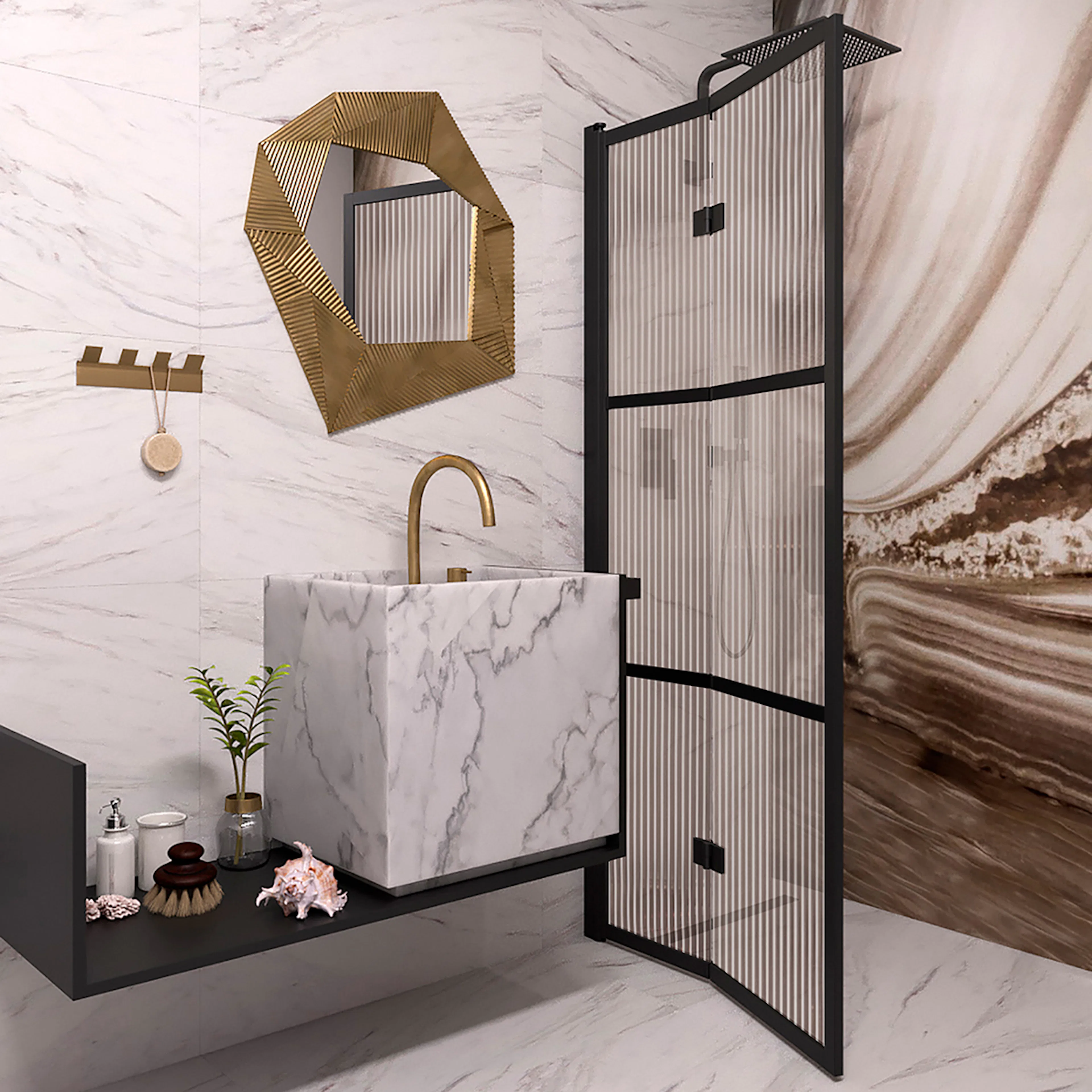 Bläk 882 Tokyo vikbar duschvägg svart/reed 780 780x1950 mm, Reeded, Svarta Profiler