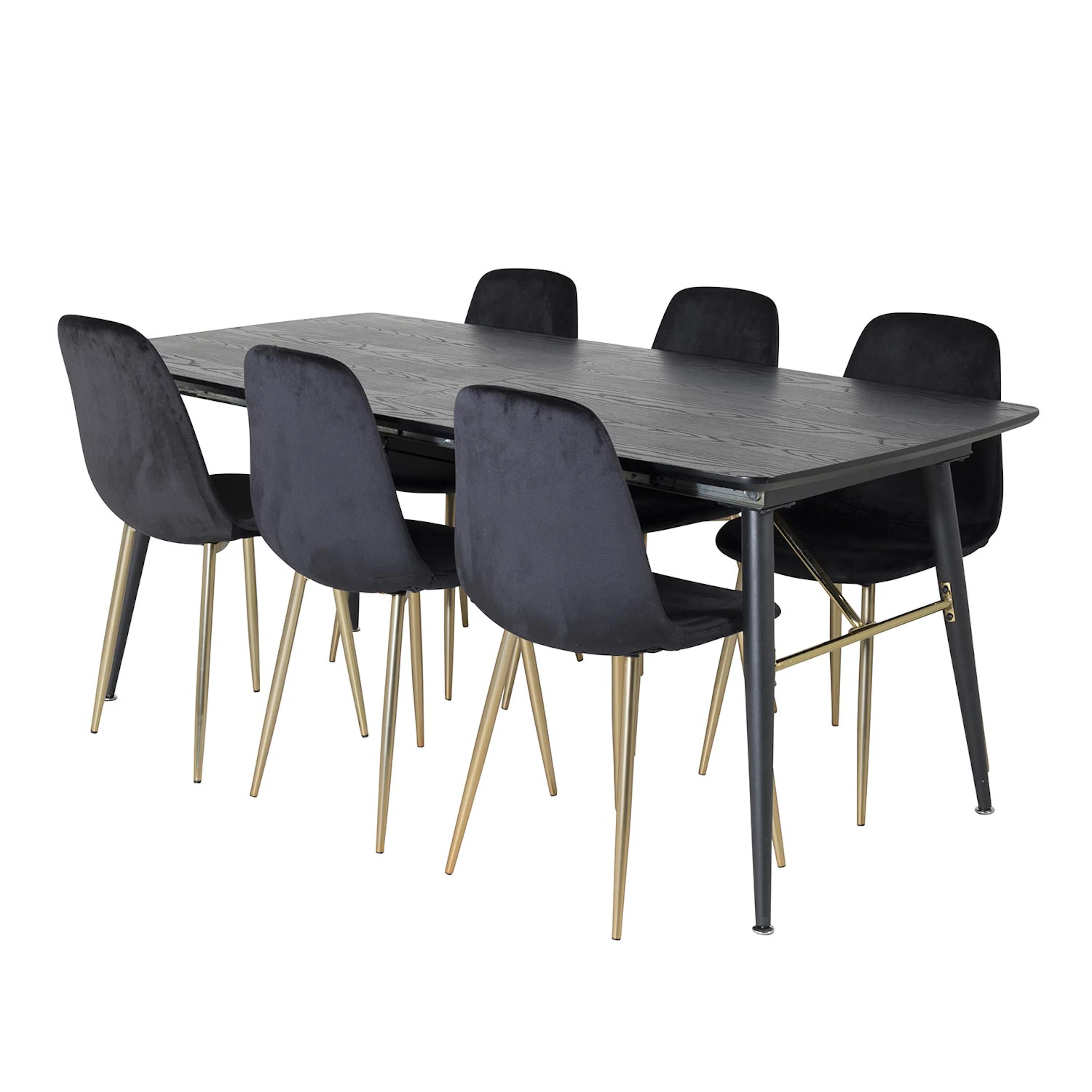 Gold Extention table-Black Veneer-+Polar Chair-Brass_6 Svart/Svart/Mässing, Sammet