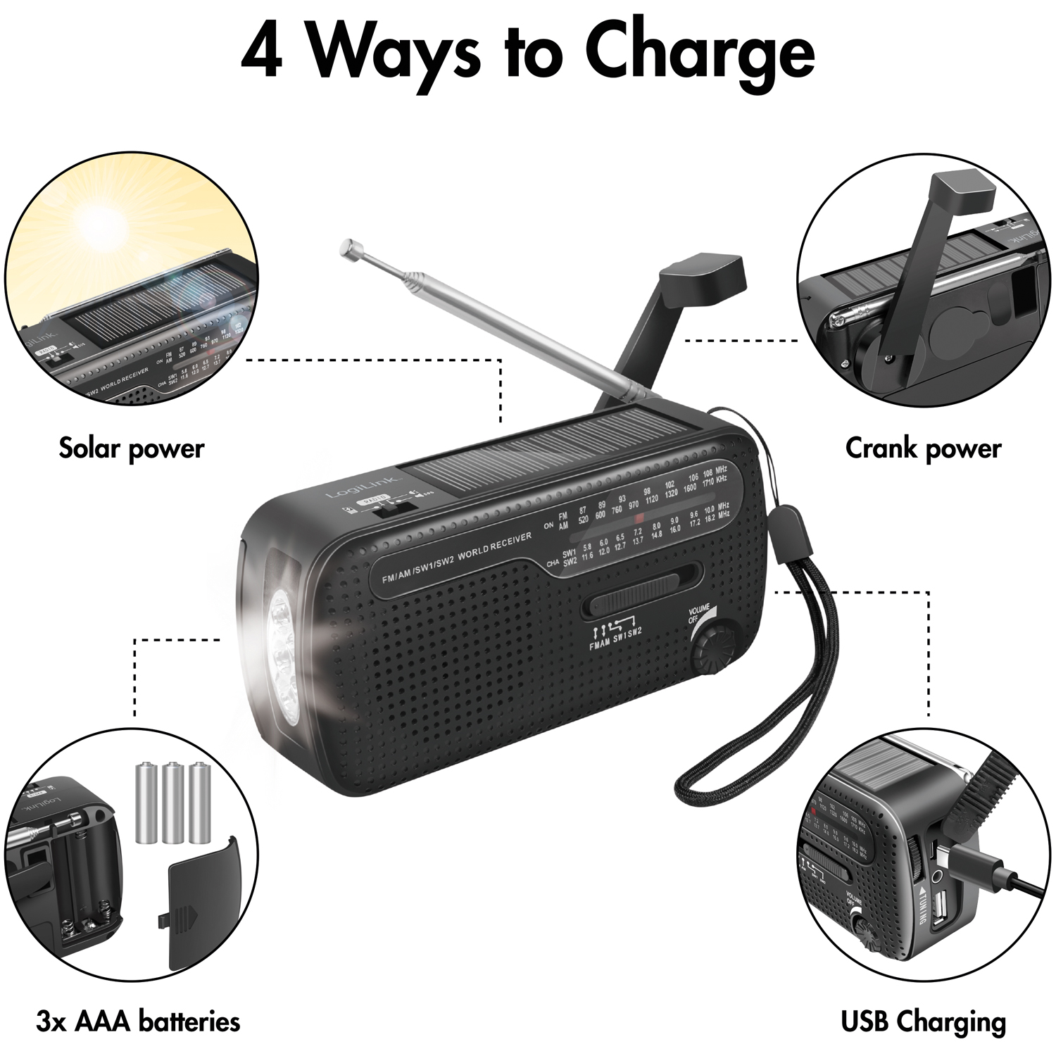 Vevradio LogiLink med Ficklampa och Solcell