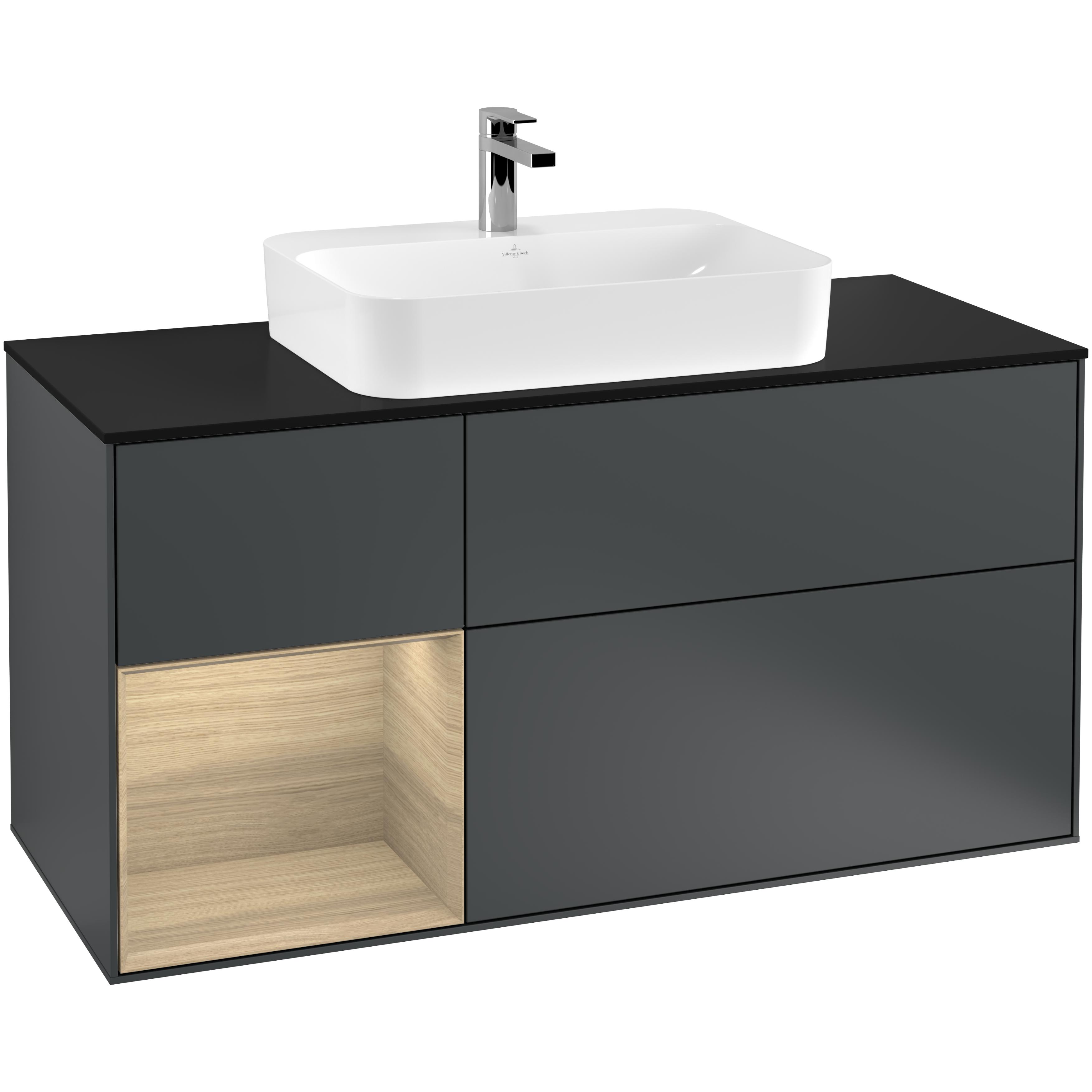 Tvättställsskåp Villeroy & Boch Finion G412PCHG Midnattsblå Mattlack/Ekfanér med bänkskiva i Mattsvart glas med Väggbelysning, Lucka Vänster