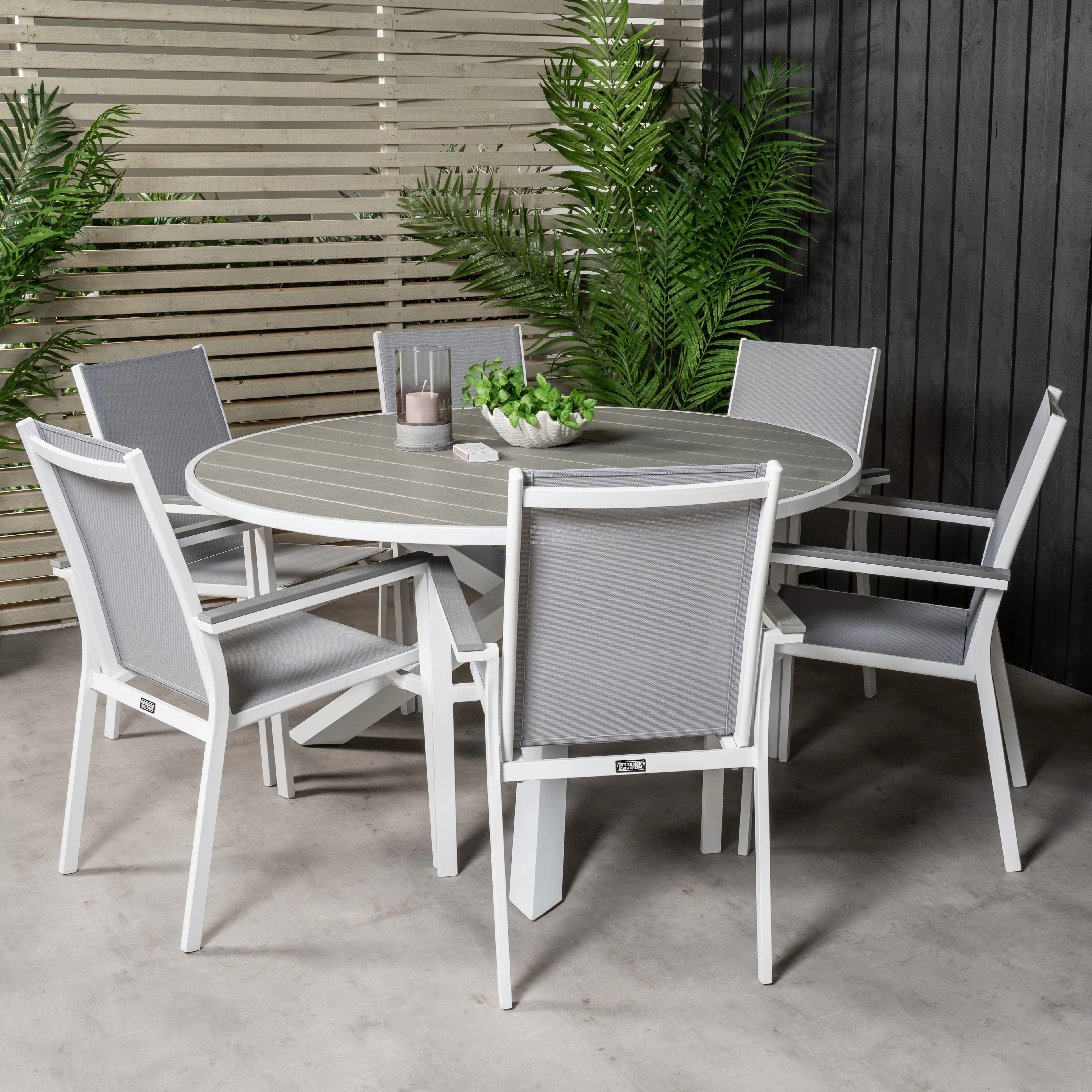 Parma bord140-Vit Alu/Grå+Parma stolVit alu/Grå Textil/Grå6 Vit/Grå