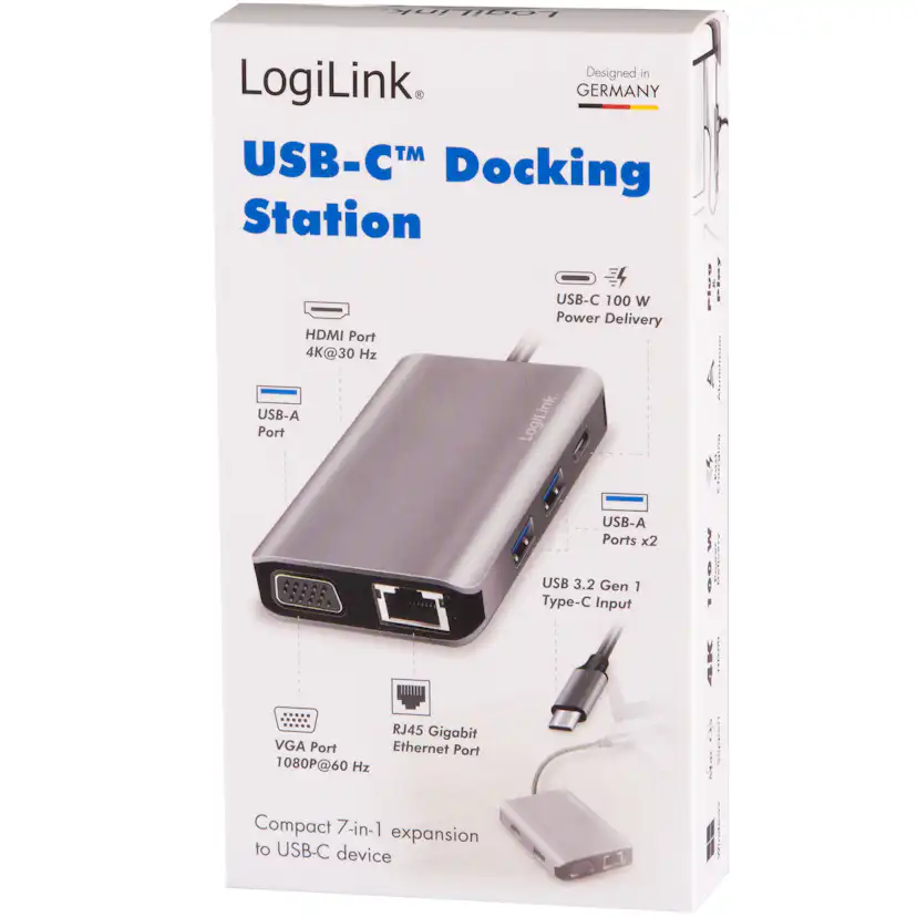 USB-C-Dockningsstation LogiLink 7-i-1 HDMI/VGA/RJ45/USB-C 100W PD