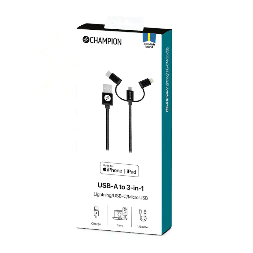 USB-A Champion till Lightning, USB-C och Micro-USB 1,5m Svart
