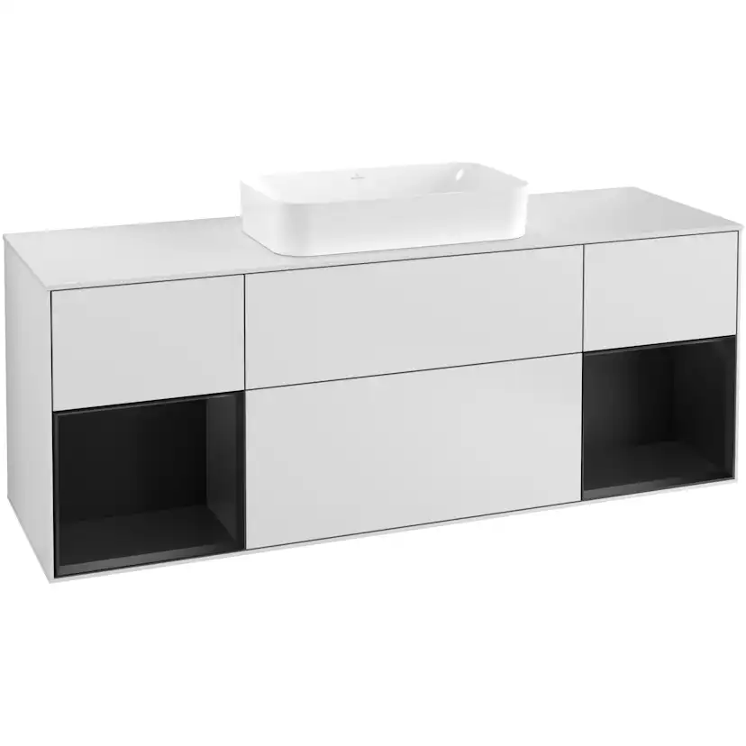 Tvättställsskåp Villeroy & Boch Finion G331PDMT Vit Mattlack/Svart Mattlack med bänkskiva i Mattvitt glas med Väggbelysning med Blandarhål