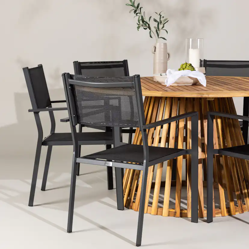 Tucumán Dining Table - Acacia ø120 +Copacabana Stacking Chai Trädgårdsgrupp Venture Home Tucumán med 6 Copacabana Stolar