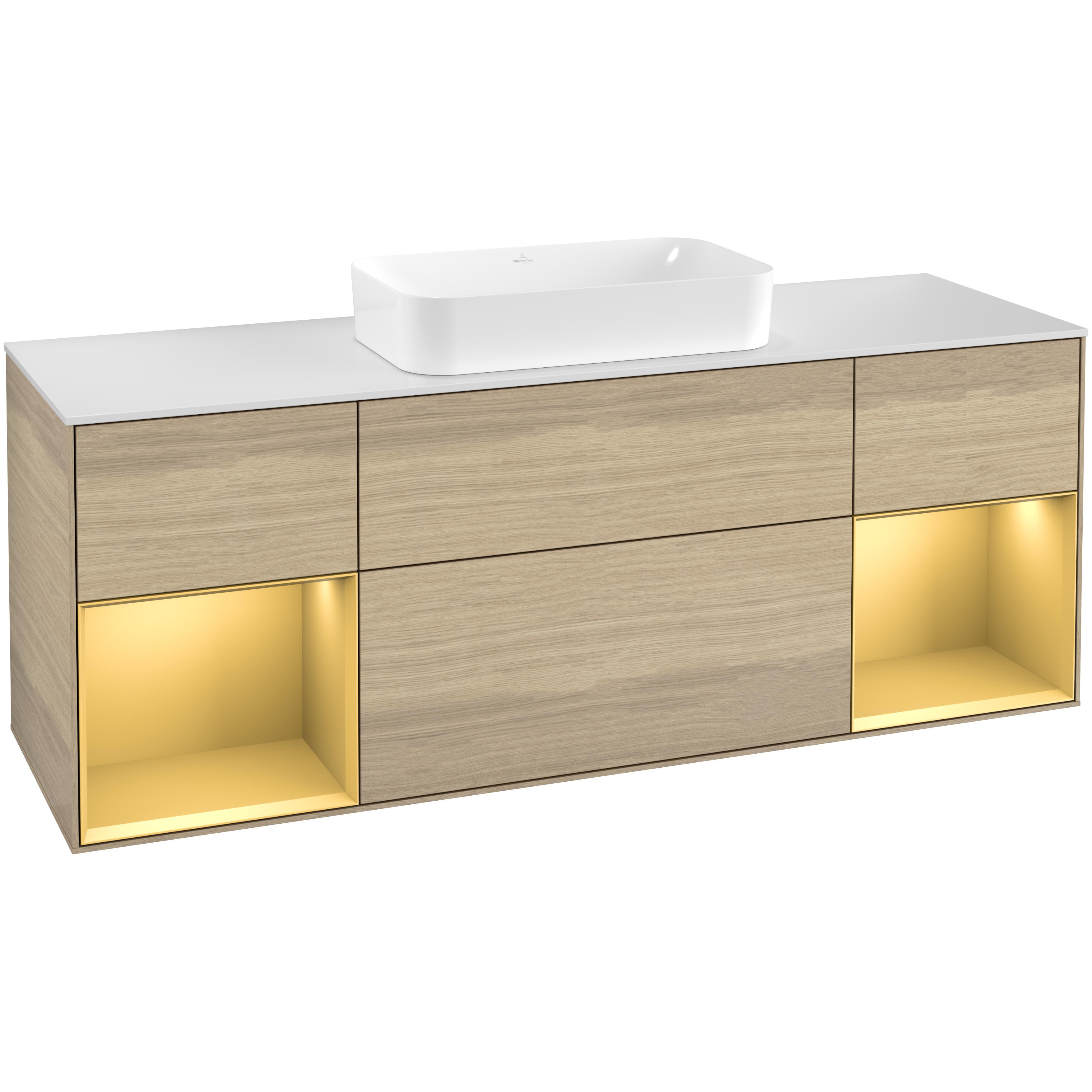Tvättställsskåp Villeroy & Boch Finion F331HFPC Ekfanér/Guld Mattlack med bänkskiva i Mattvitt glas med Blandarhål